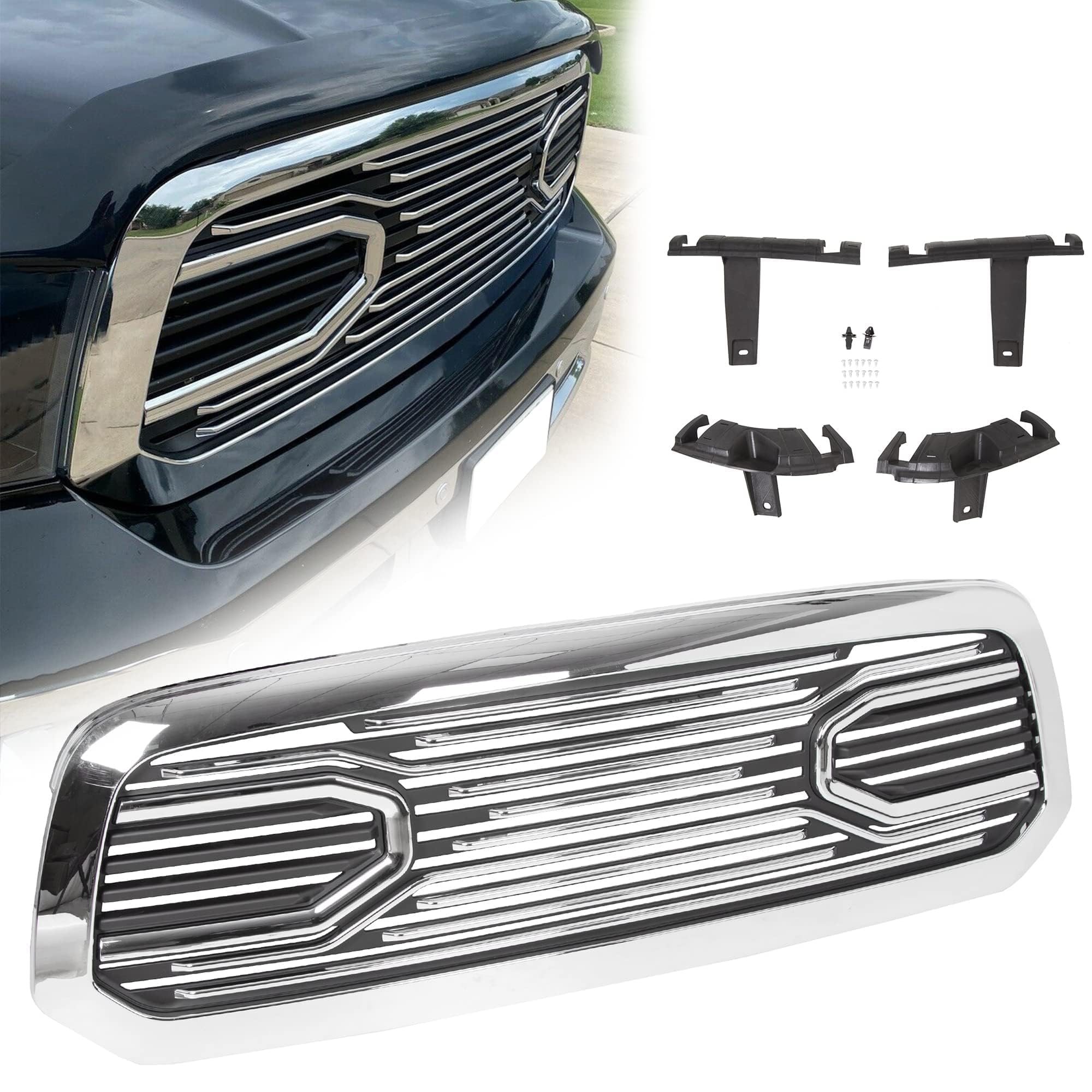 HECASAFront Horn Grille Grill Compatible with 2013-2018 Dodge RAM 1500 Replacement Shell (W/O Light) Chrome