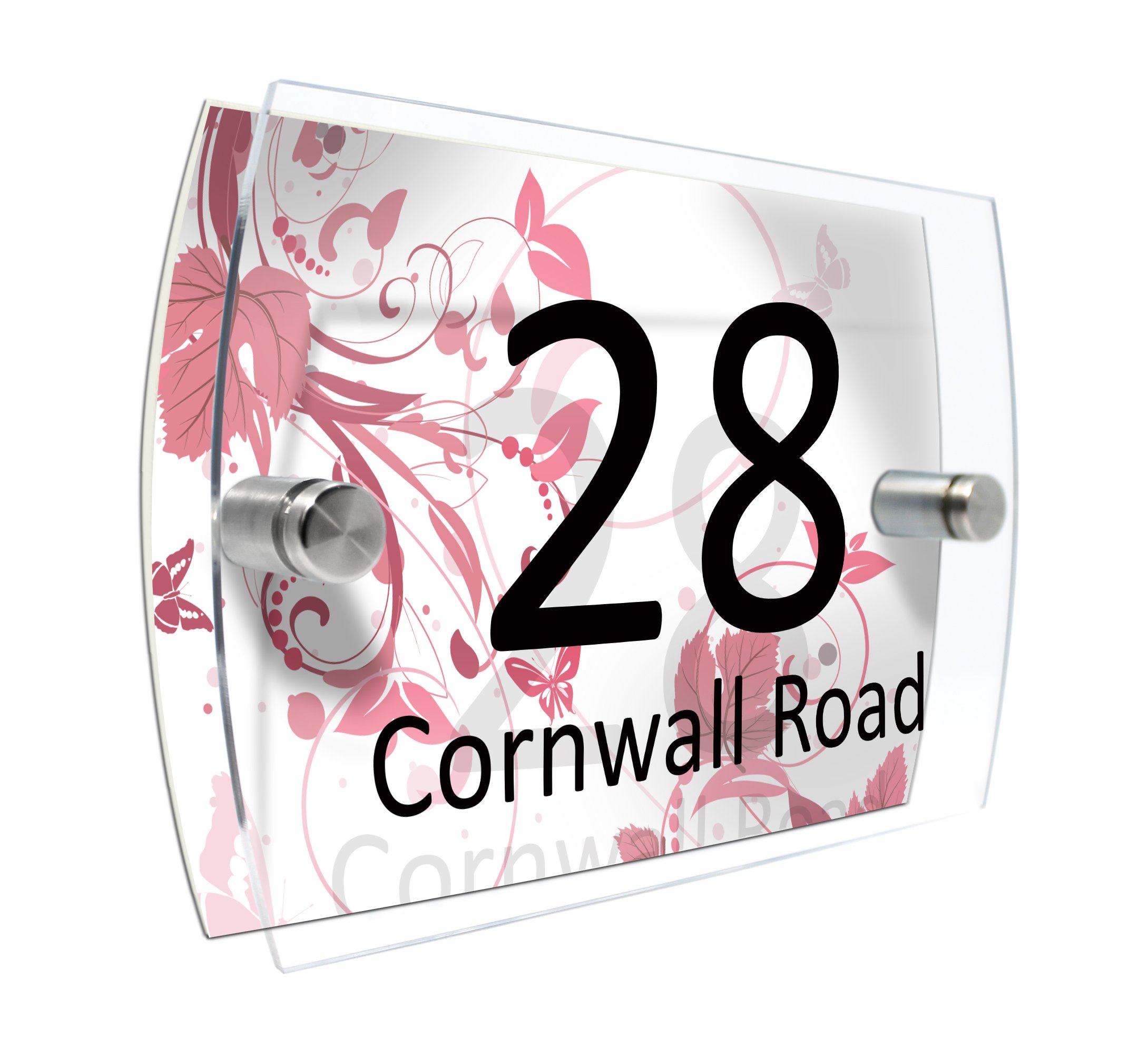 Personalised House Number Sign Printed Plaque Garden Glass Effect Acrylic Sign Door Plate Marble Wall Display 2 Part Branded Acrylic (Floral pattern pink)