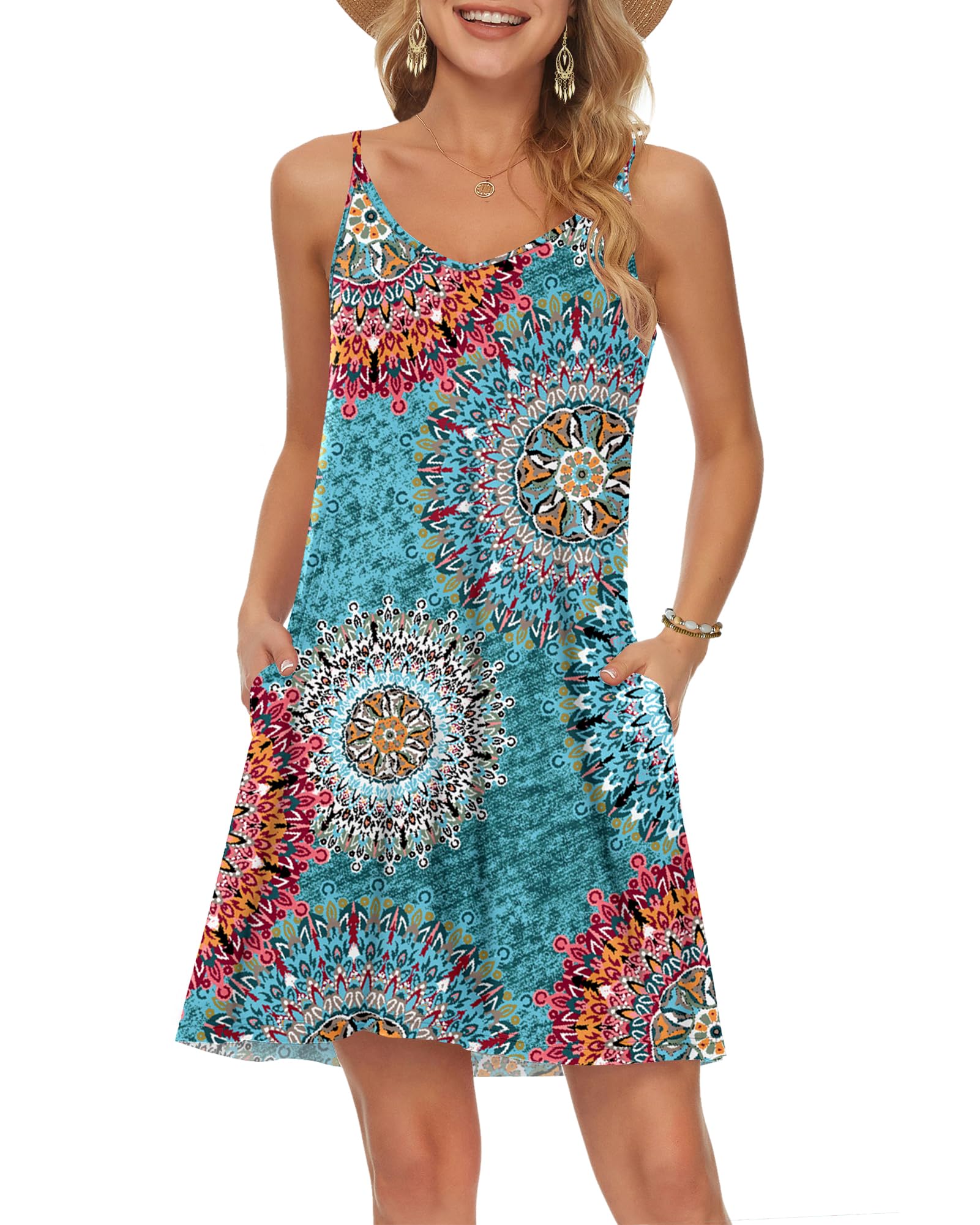 MISFAY Women's Summer Spaghetti Strap Casual Swing Tank Beach Cover Up Dress with Pockets