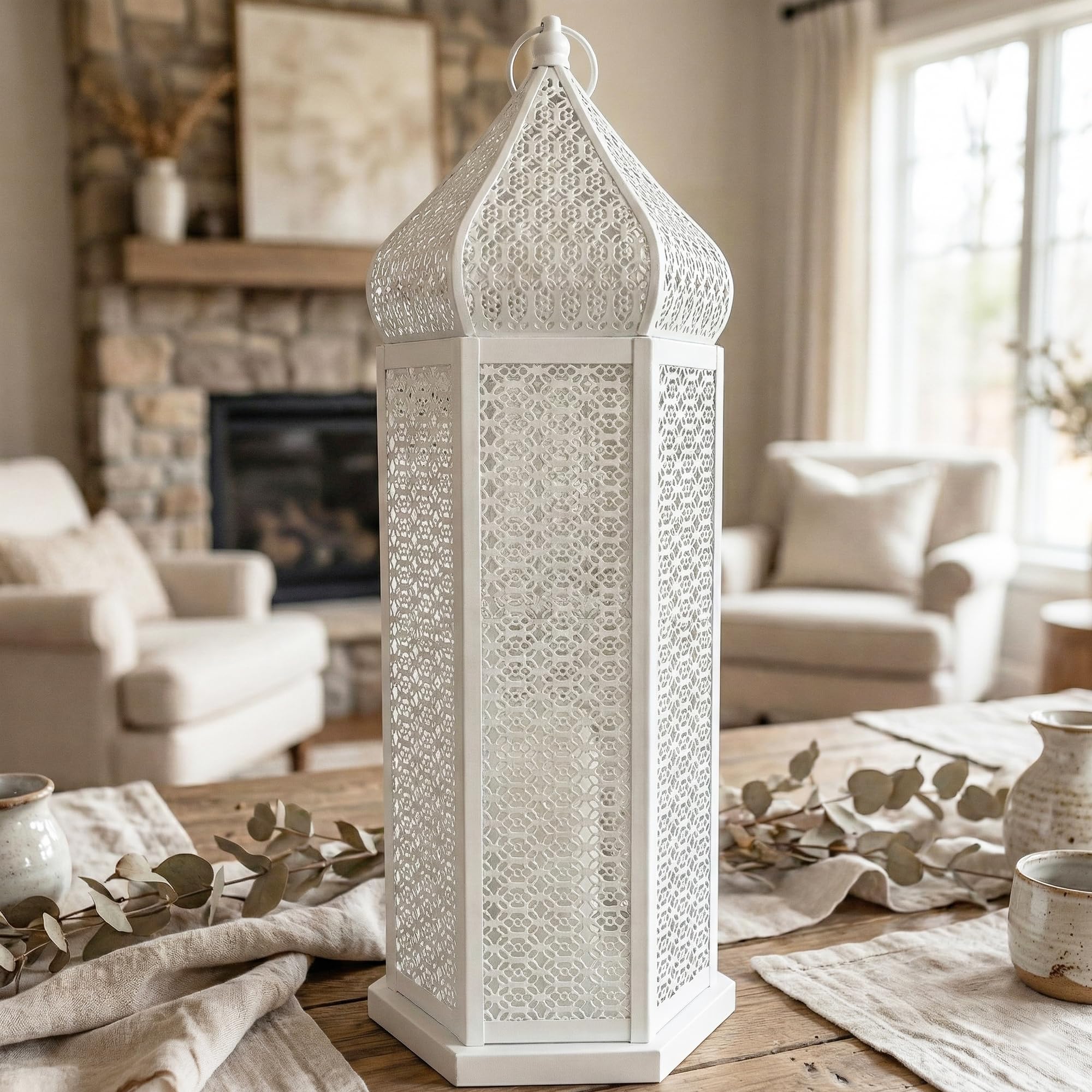 VELA LANTERNS 53cm Extra Large Tower Temple Moroccan Lantern Lamp Decorative Candle Holders for Ramadan Decorations, Hanging, Outdoor Patio or Porch, Indoor Home Decor, White