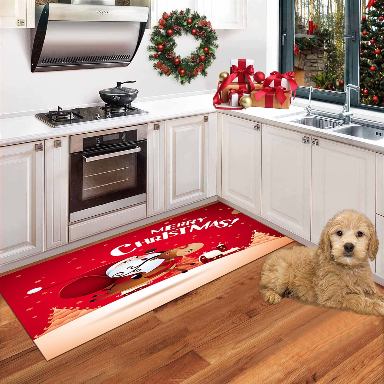 Zerbino Natalizio, Tappeto di Natale Antiscivolo Tappeto Ingresso Natalizio Tappeto Passatoia del Corridoio di Natale,Tappeto Rosso per Soggiorno/Cucina/Bagno,80x200cm