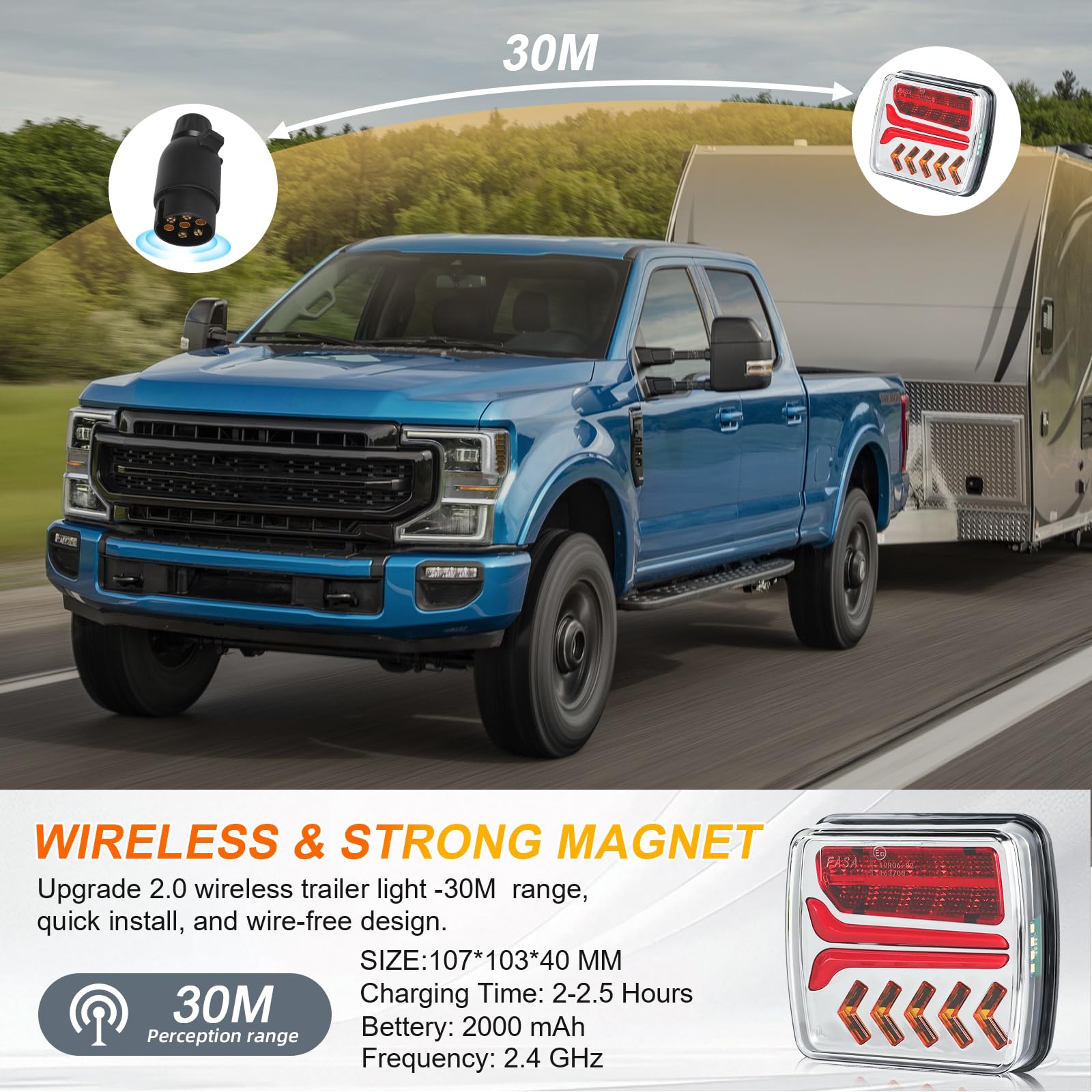Fanali Posteriori Rimorchio Senza Fili, Magnetico 12V Universale Rimorchio Luci Posteriori Kit con Spina 7Poli per Trattore,RV,Autocarro,Camion, E-Mark