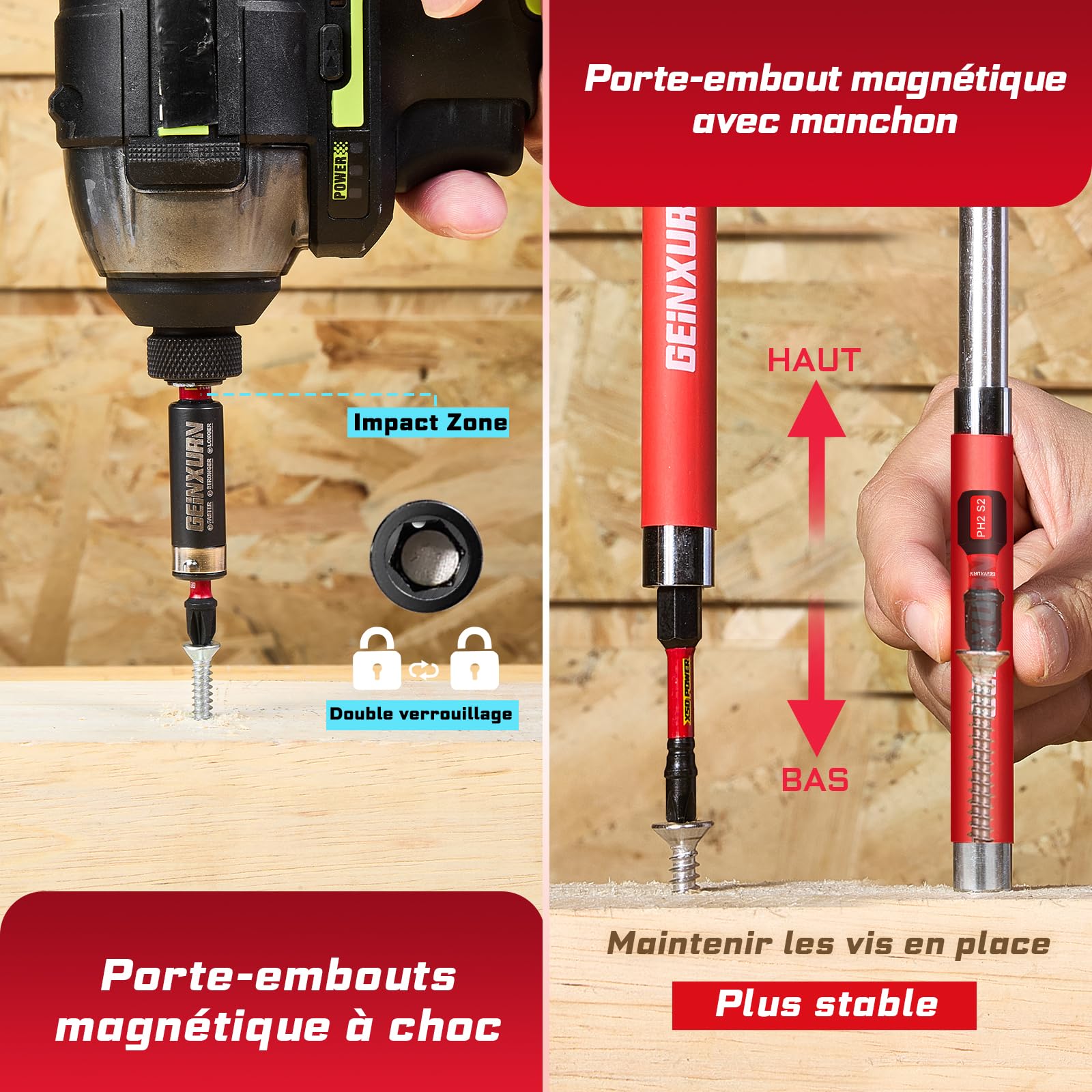 Geinxurn Lot 58 Pièces Set Embouts Tournevis Anti-Choc, Incl. Jeu Embouts Acier S2 (PH/PZ/TORX/HEX), Mini Cliquet, Perceuse Étages, Adaptateur Douille, Porte-Embouts Magnétique, Boîte Rouge