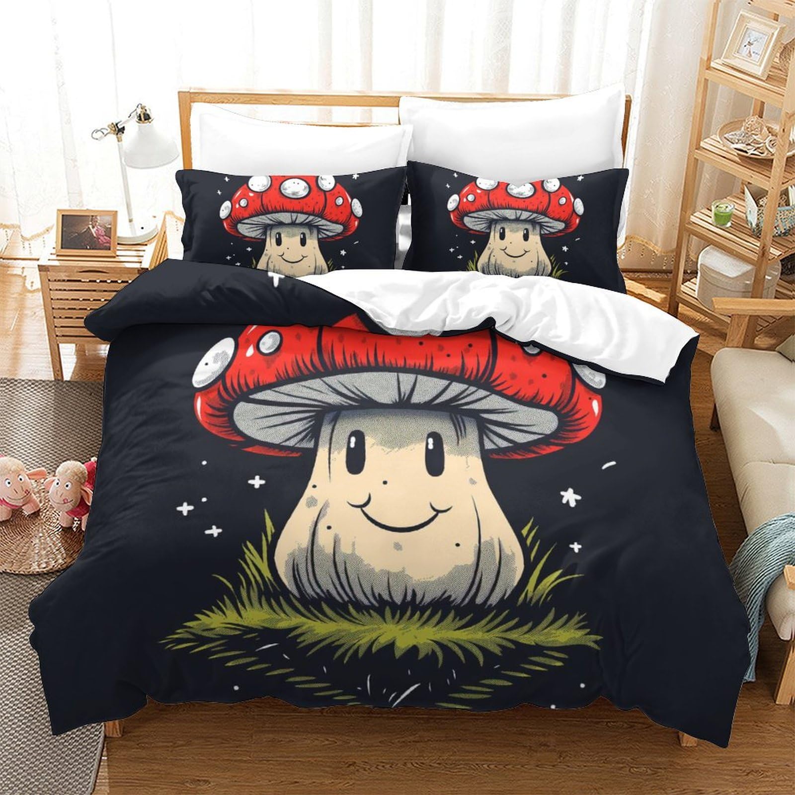 Housse de couette motif champignons 3D pour chambre enfant et adulte