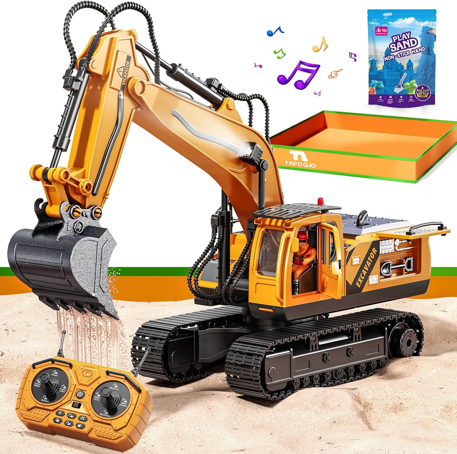 RC Excavator Toys for 3 4 5 6 7 8 Year Old Toddler Boys, 15 Channel Remote Control Construction Toys W/Sandbox & 2.2 lb Sands, Sandbox Toys W/Light & Sound, Birthday Gift for Kids Boys Age 4-6