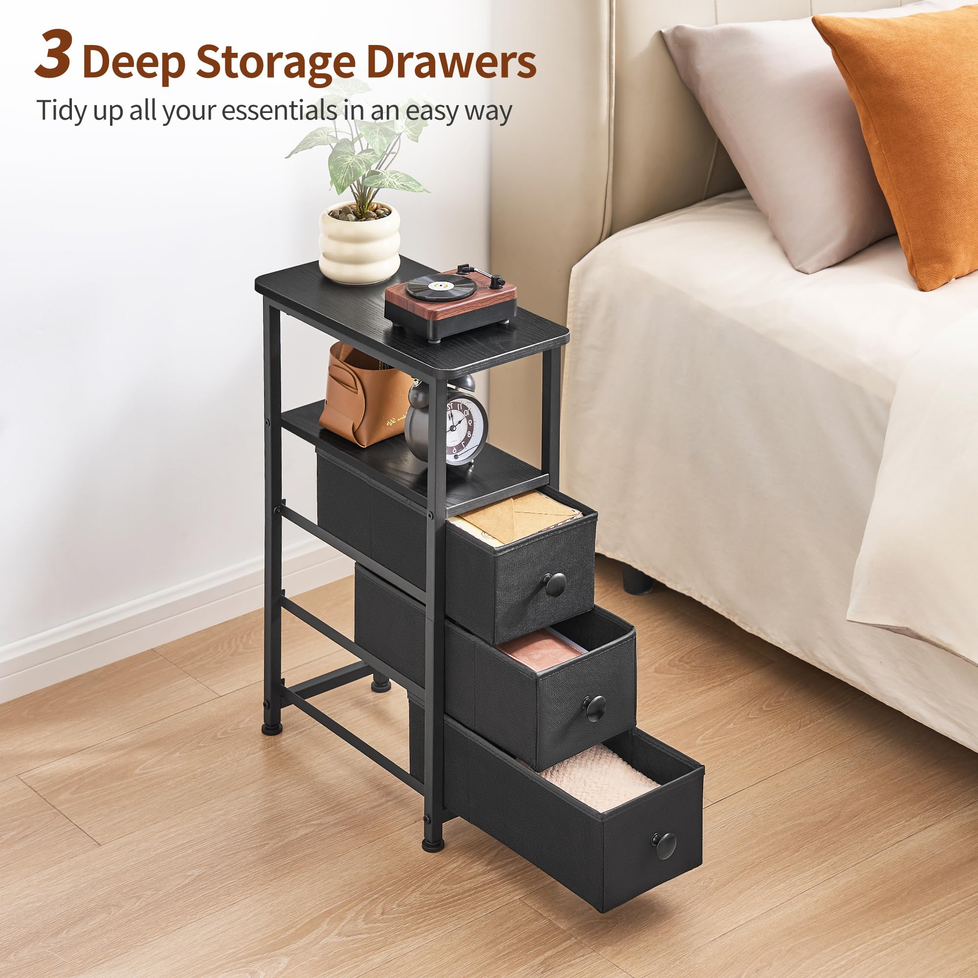 Best Narrow Nightstand With Drawers: 2026 Picks 2 DALEMHOME End Table, Narrow Side Table with 3 Fabric Drawers, Slim Nightstand, S — product photo