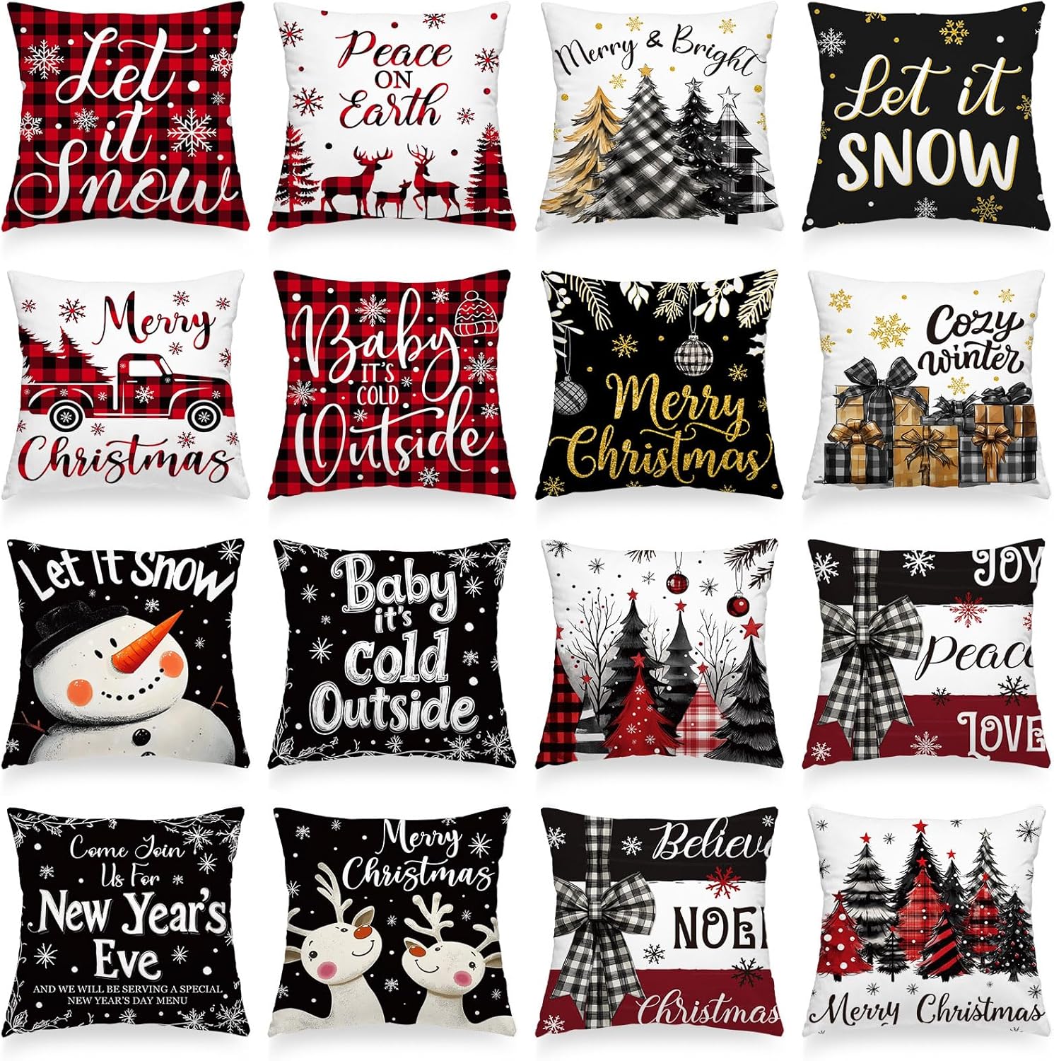 Fourluoo Set of 16 Christmas Winter Pillow Covers 18 x 18 Inch Holiday Throw Pillow Covers Snowflake Pillow Covers Snowman Merry Christmas Joy Xmas Trees Decorative Pillows Cases for Home Couch Decor