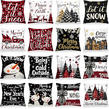 Fourluoo 16 Pack Christmas Pillow Covers 18x18 Snowflake Snowman Trees