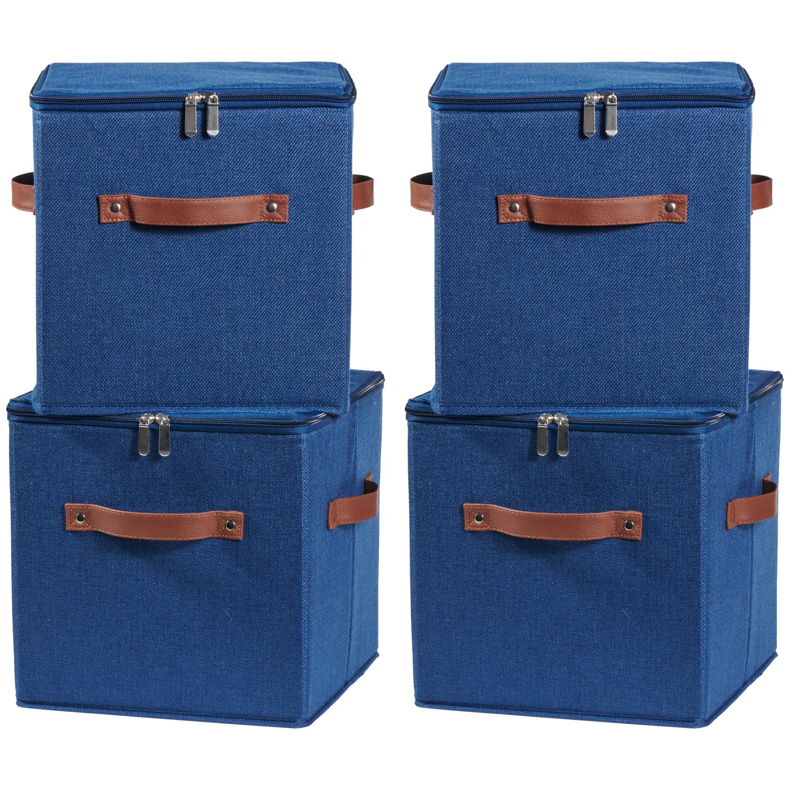 VinneGenzz 4PCS Storage Cubes with Lid Fabric Storage Bin Box PU Leather Handles Cotton Linen Closet Organizer Container Decorative Foldable Washable