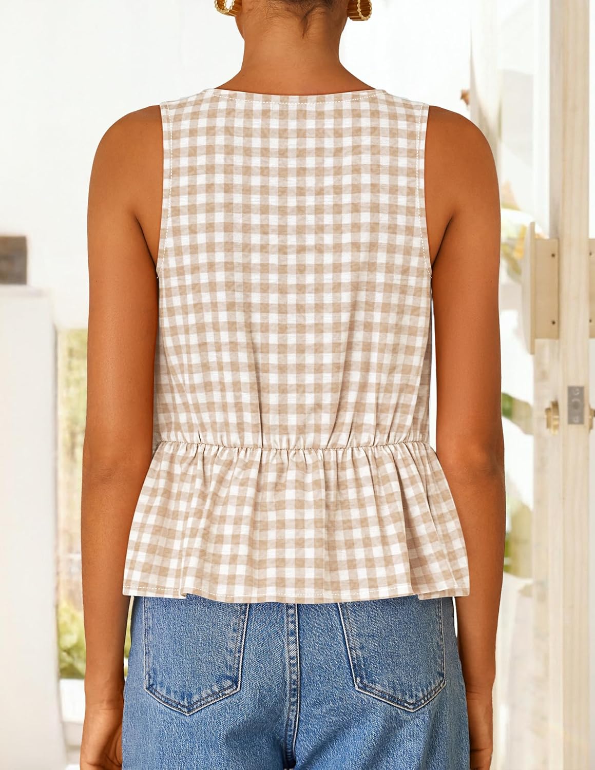 ZESICA Women's Summer Sleeveless Gingham Tank Tops 2026 Crewneck Tie Front Top Loose Ruffle Peplum Babydoll Blouses - Image 3
