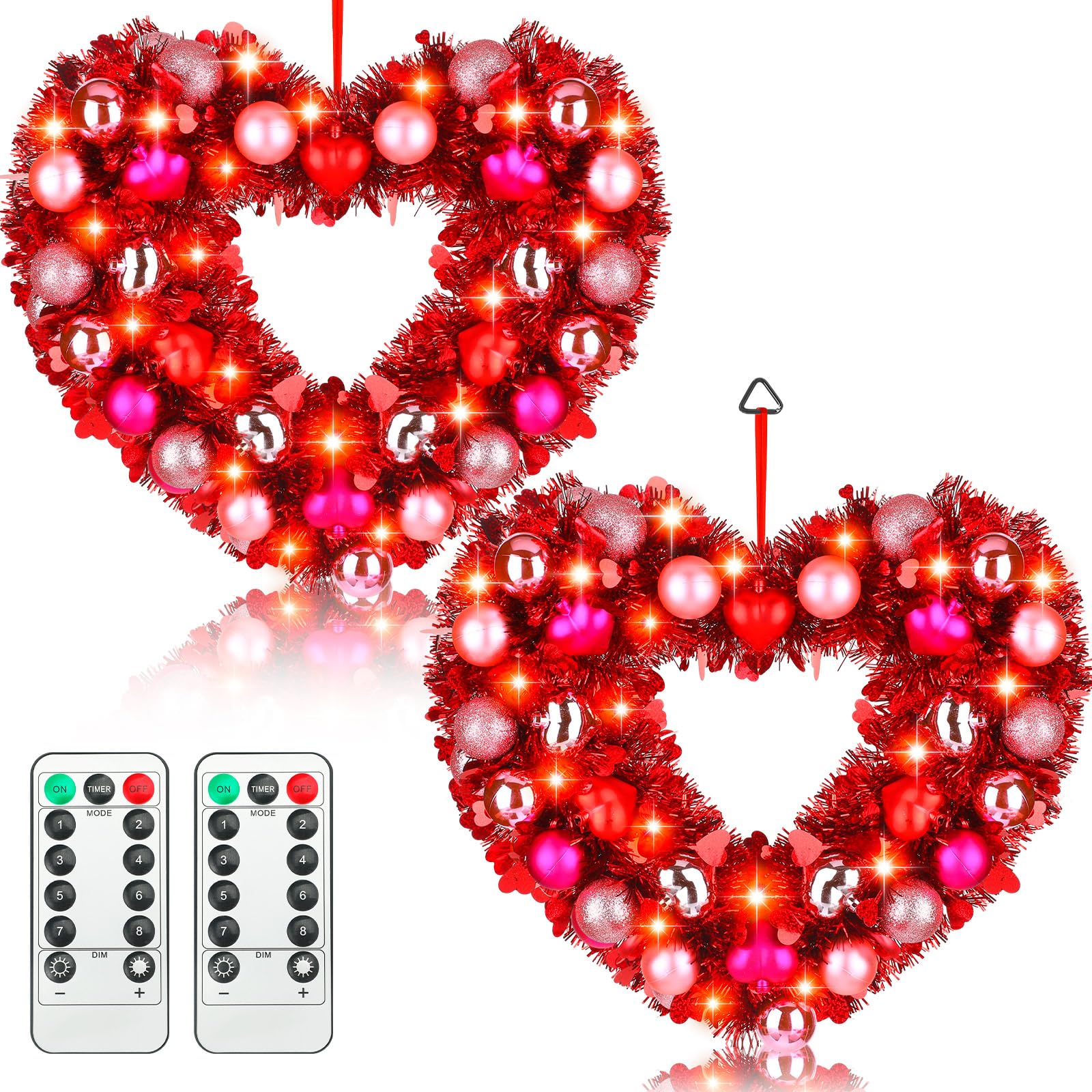 Liliful 2 Set 17 Inch Valentines Wreath Lighted Valentines Day Heart Wreath Decor Prelit Red Balls with Remote Control Valentines Door Wreath for Valentine Hanging Decor(Sweet)