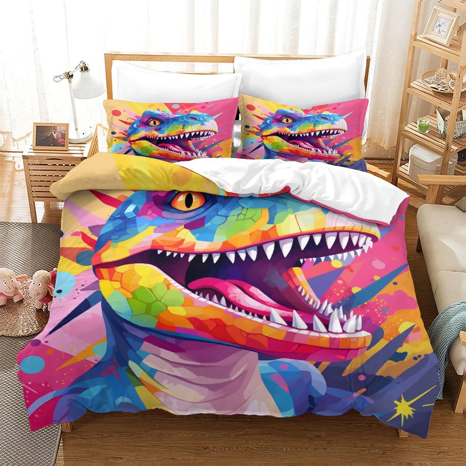 Linge de lit dinosaure 140x200 cm avec housse de couette microfibre