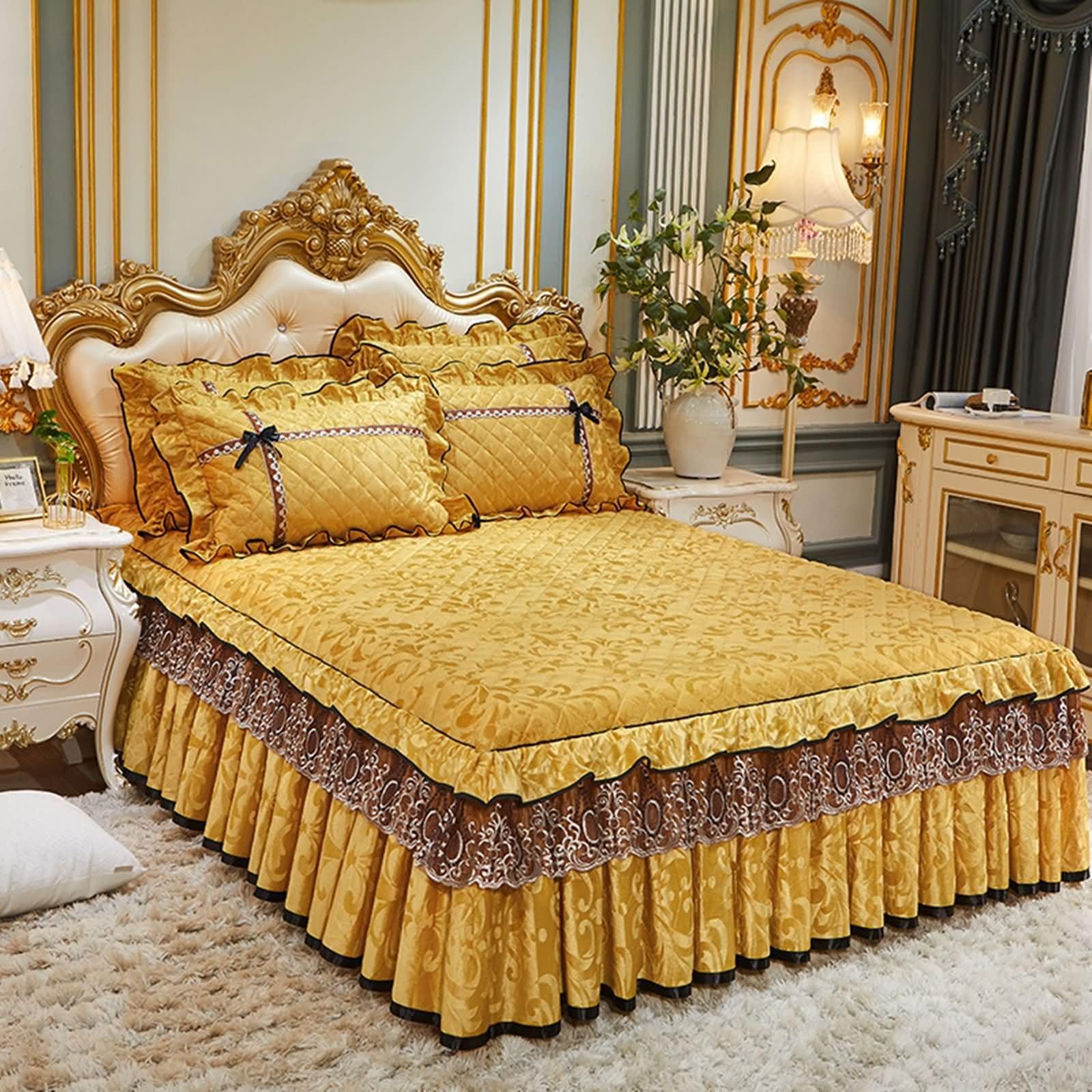 Bajera Elastica,150 x 200 CM,Colcha para Cama Matrimonio Terciopelo Patrón de Hoja con Encaje Bordado Sabanas Cama Bajeras Ajustables Amarillo