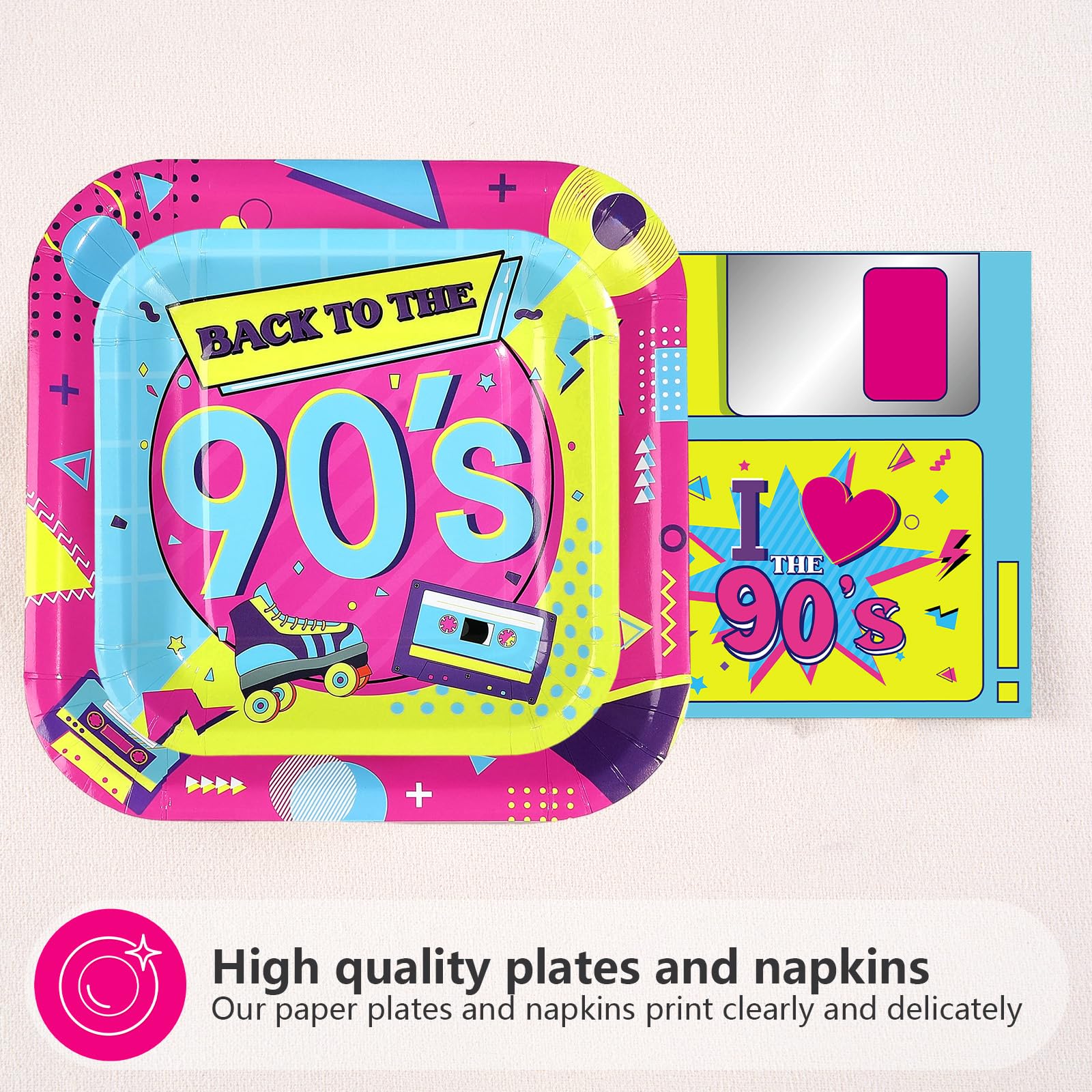 200 Stück 90er Jahre Party Dekorationen Retro Bunte Hip Hop Teller und Servietten Back to the 90's Geschirr Sets für Disco Geburtstag Retro Musik Thema Hip Hop Party Supplies Serves 50