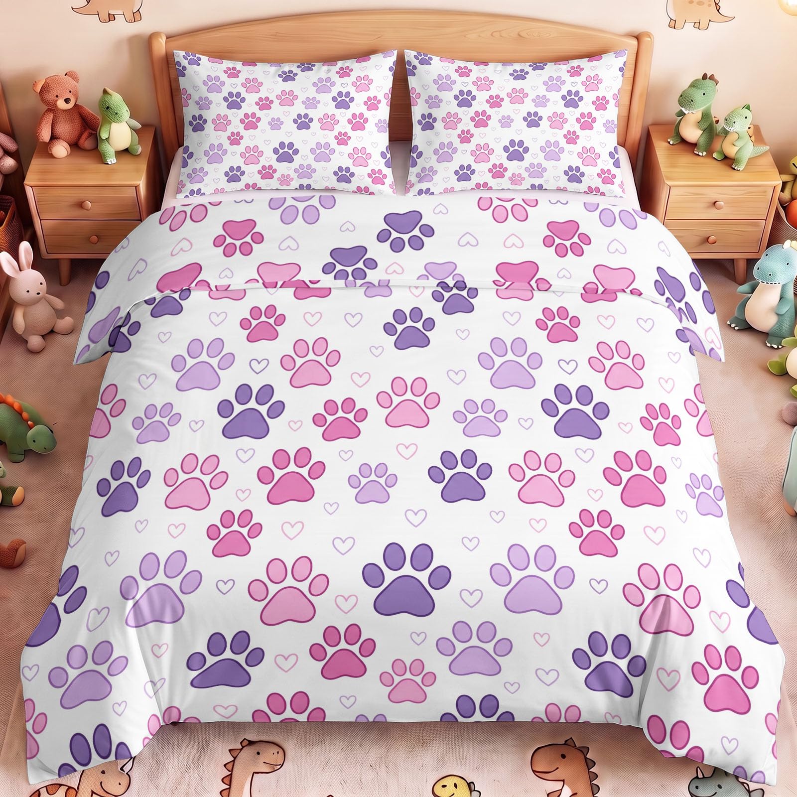 Funda de edredón reversible con estampado de patas, color rosa y morado