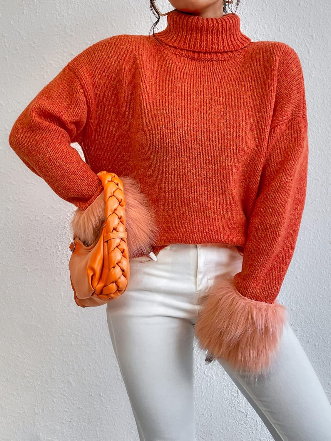 Women's Sweater Fuzzy Cuff Drop Shoulder Turtle Neck Sweater Sweater for Women (Color : Burnt Orange, Size : Medium)