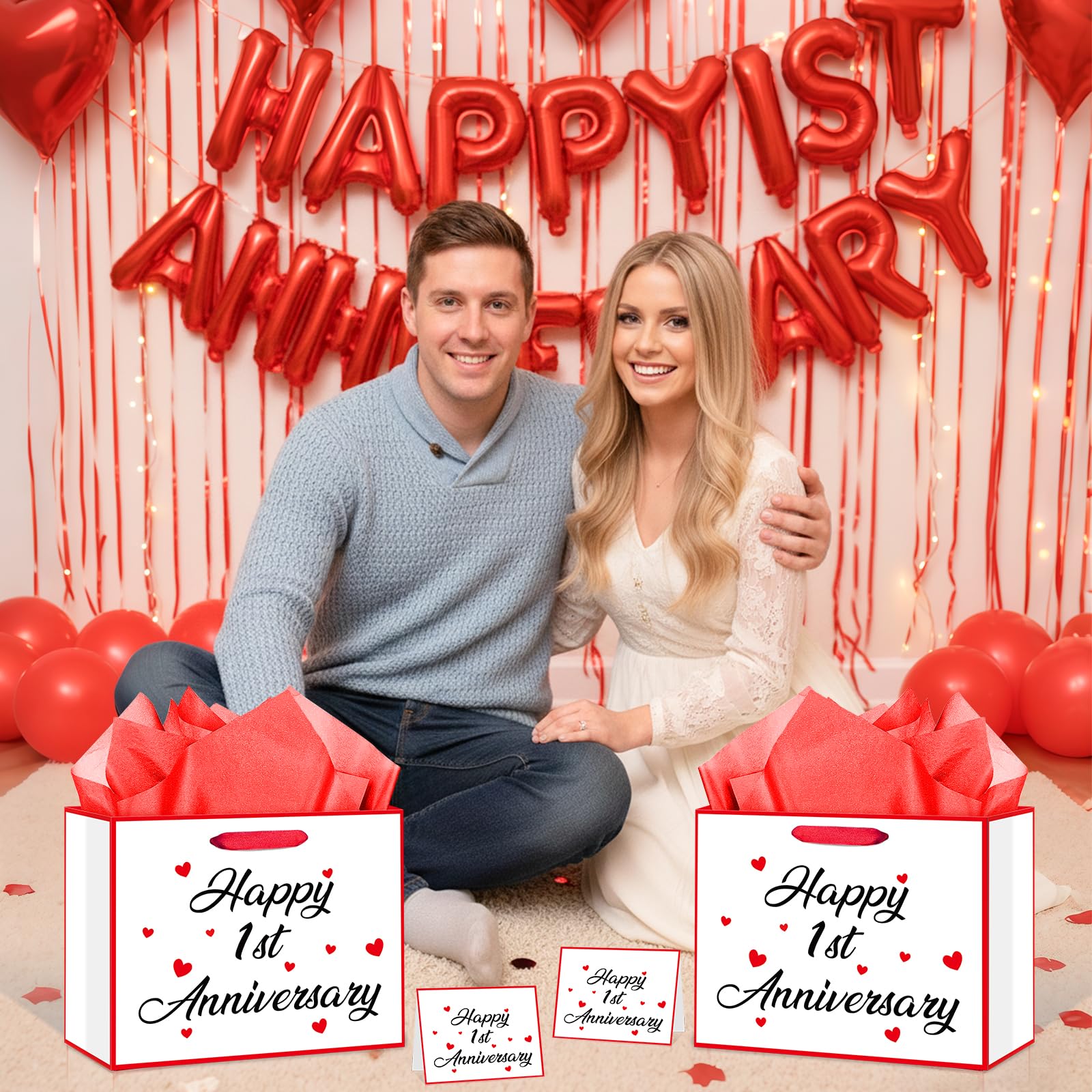 Innovoscape Happy 1st Anniversary Party Gift Bag 1st Anniversary Favor Bag with Card and Tissue Paper Valentine's Day Gift Bag Large One Year Wedding Bag for Couple Wedding Party Decorations