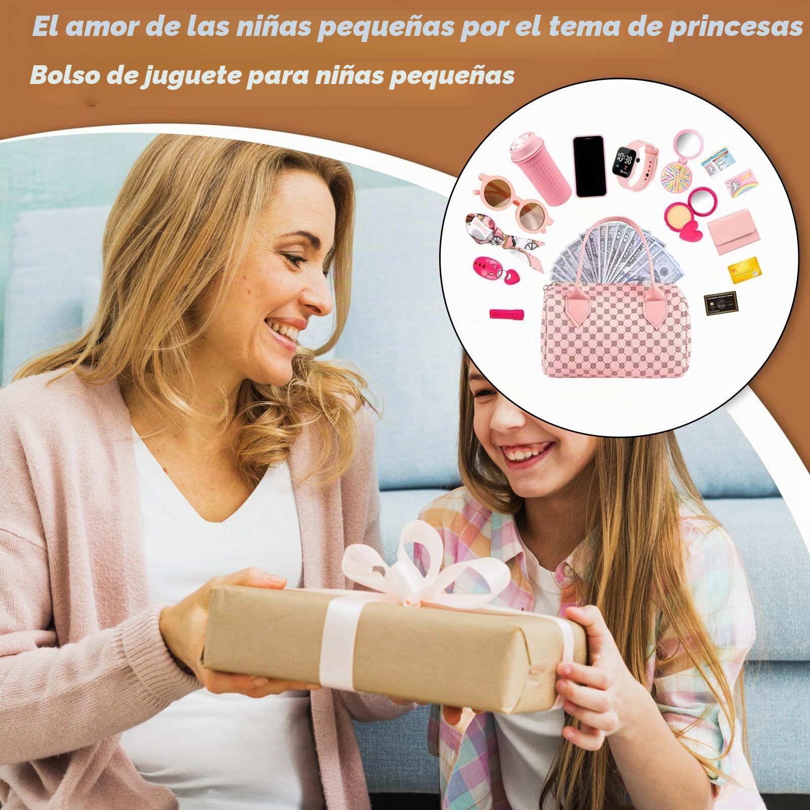 Bolso de Mano para niñas con Accesorios, de Maquillaje Falso con teléfono móvil, Reloj y Bufanda, de Princesas para niñas de 3 a 6 años, 20 x 11 x 13 cm
