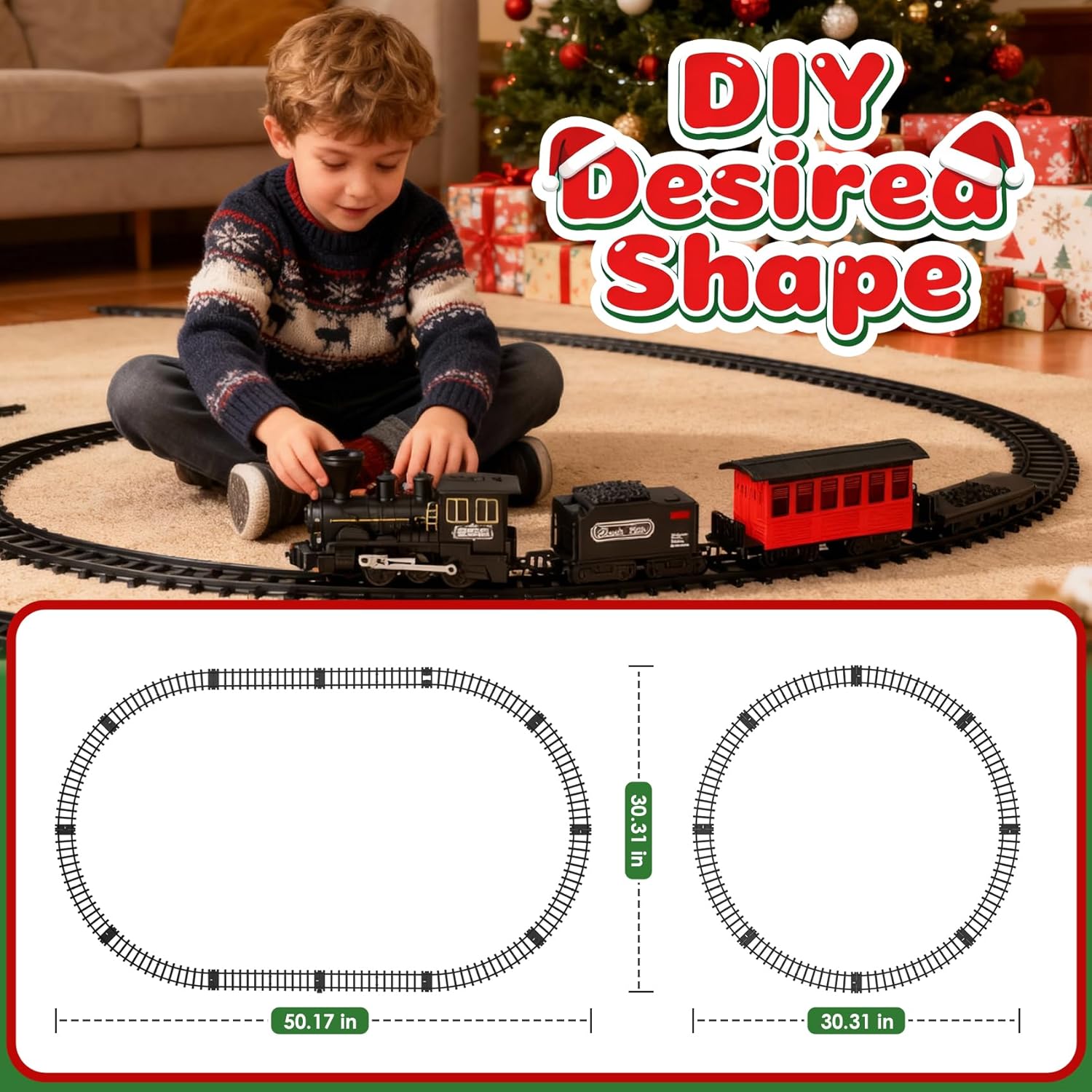 15-Piece christmas tree train Set with Smoke, Sound & Lights - Fancy Track & Vintage Passenger Carriages for Christmas, Steam Kids Train Set Around Christmas Tree for Kids Ages 3-8 Boys Gifts