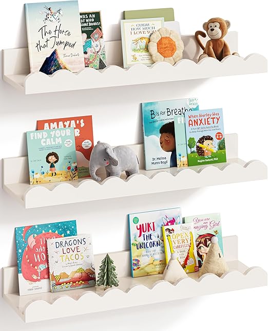 G&W Gruwald Nursery Book Shelves, Set of 3, Nursery Decor for Baby and Toddler, Scalloped Shelves, Book Shelf for Kids Rooms, Wall Book Shelves for Bedroom Kids, Floating Book Shelves for Wall