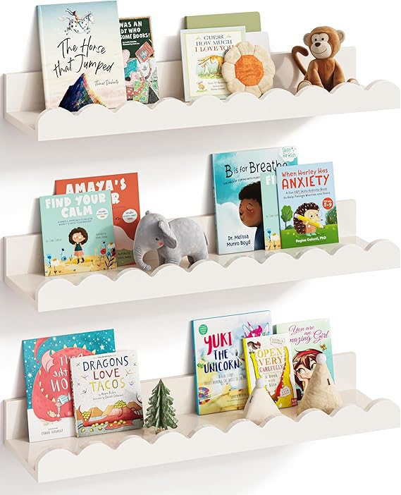 G&W Gruwald Nursery Book Shelves, Set of 3, Nursery Decor for Baby and Toddler, Scalloped Shelves, Book Shelf for Kids Rooms, Wall Book Shelves for Bedroom Kids, Floating Book Shelves for Wall