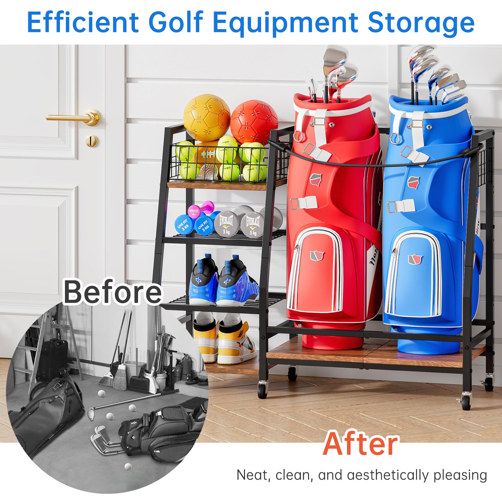 Support de Rangement pour Clubs de Golf avec roulettes, Organisateur Robuste pour Sacs de Golf, Grand Support pour Équipements de Golf, Meuble de Rangement pour Maison et Garage