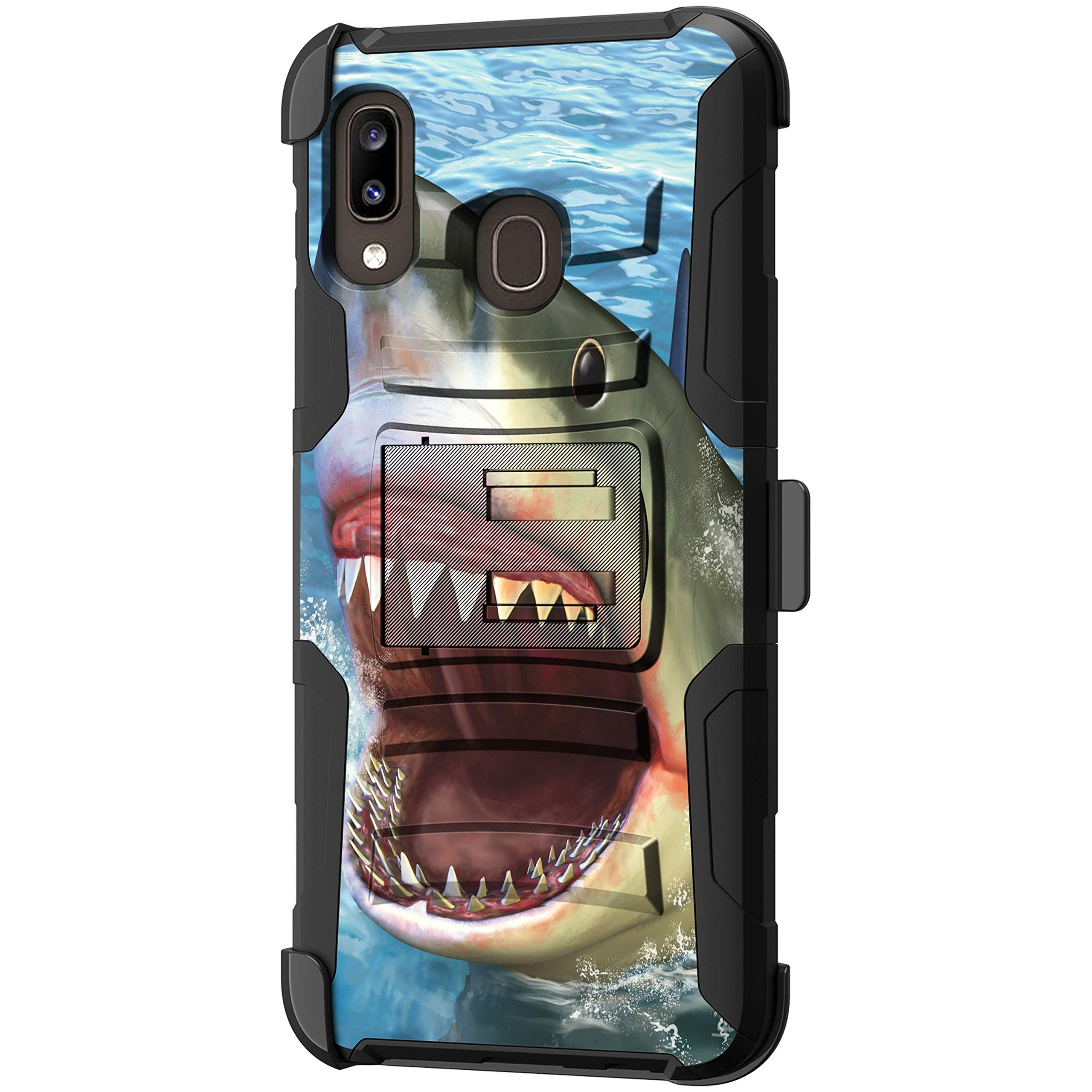 TurtleArmor | Compatible with Samsung Galaxy A20 Case | Galaxy A30 Case | Galaxy A50 Case [Hyper Shock] Hybrid Reinforced Dual Layer Case Belt Clip Holster Stand Sea Ocean - Shark Attack