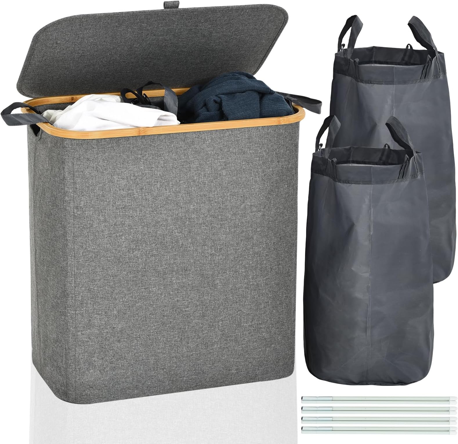 ROSOS Laundry Basket with Lid, 145L Collapsible Laundry Basket 2 Compartments with Removable Laundry Bags, Waterproof Laundry Hamper with Lid, Dirty Clothes Washing Baskets for Laundry, Grey