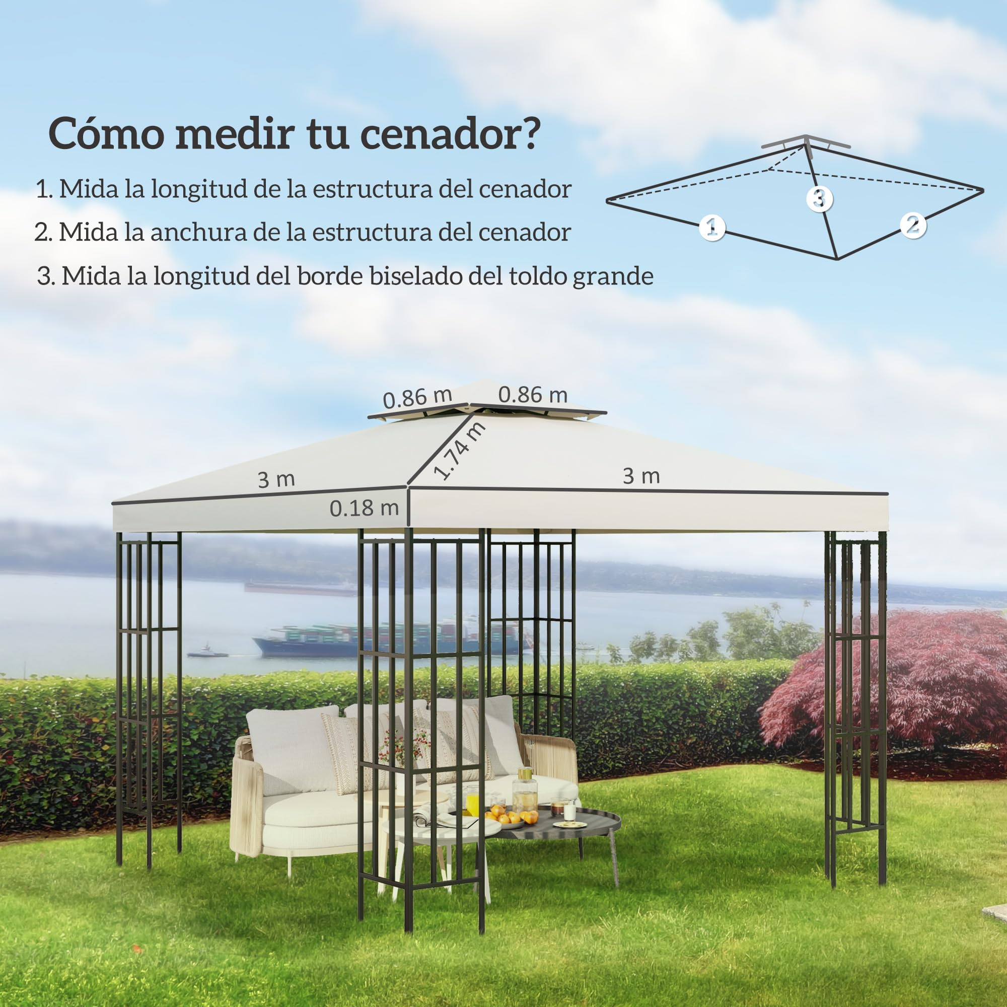 Outsunny Techo de Repuesto para Cenador, 3x3 m, Cubierta de Repuesto con Techo Doble, 8 Orificios de Drenaje y Protección UV, Solo Toldo de Recambio para Pabellón Gazebo, Crema