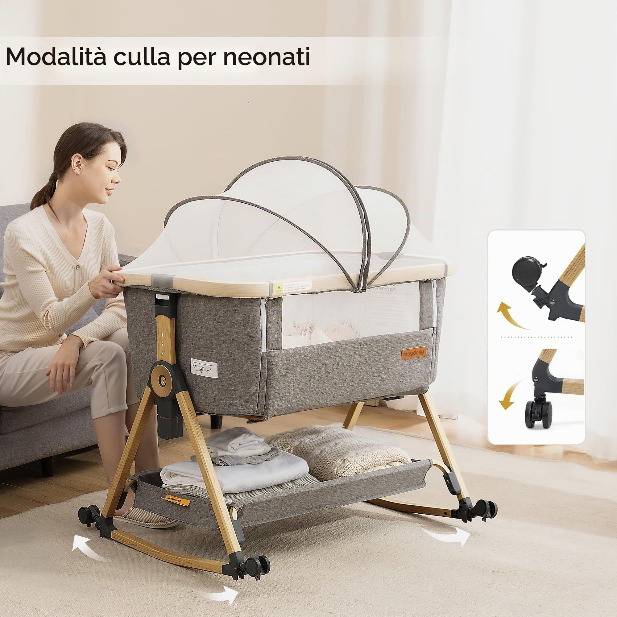 Maydolly Beistellbett 3 in 1 Lettino Portatile per Bambini con Rete Traspirante e Lenzuolo, Carrozzina Regolabile Lettino. (grigio)