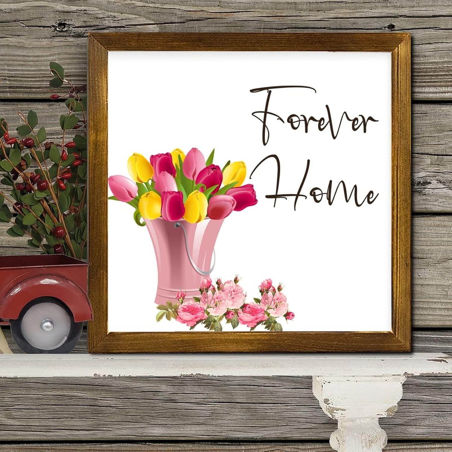 Forever Home Framed Wooden Sign Spring Tulip Flower in Vase Wood Plaque Rustic Blossom Floral Wood Decor Farmhouse Wall Hanging Plaque for Home Bedroom Living Room Bathroom 12x12 inch