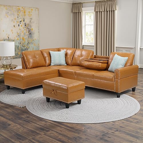 Sectional Couches for Living Room L Shaped Couch 3-Piece Sectional Sofa Set 98" Storage Ottoman and 2 Toss Pillows for Living Room and Small Apartment, Ginger