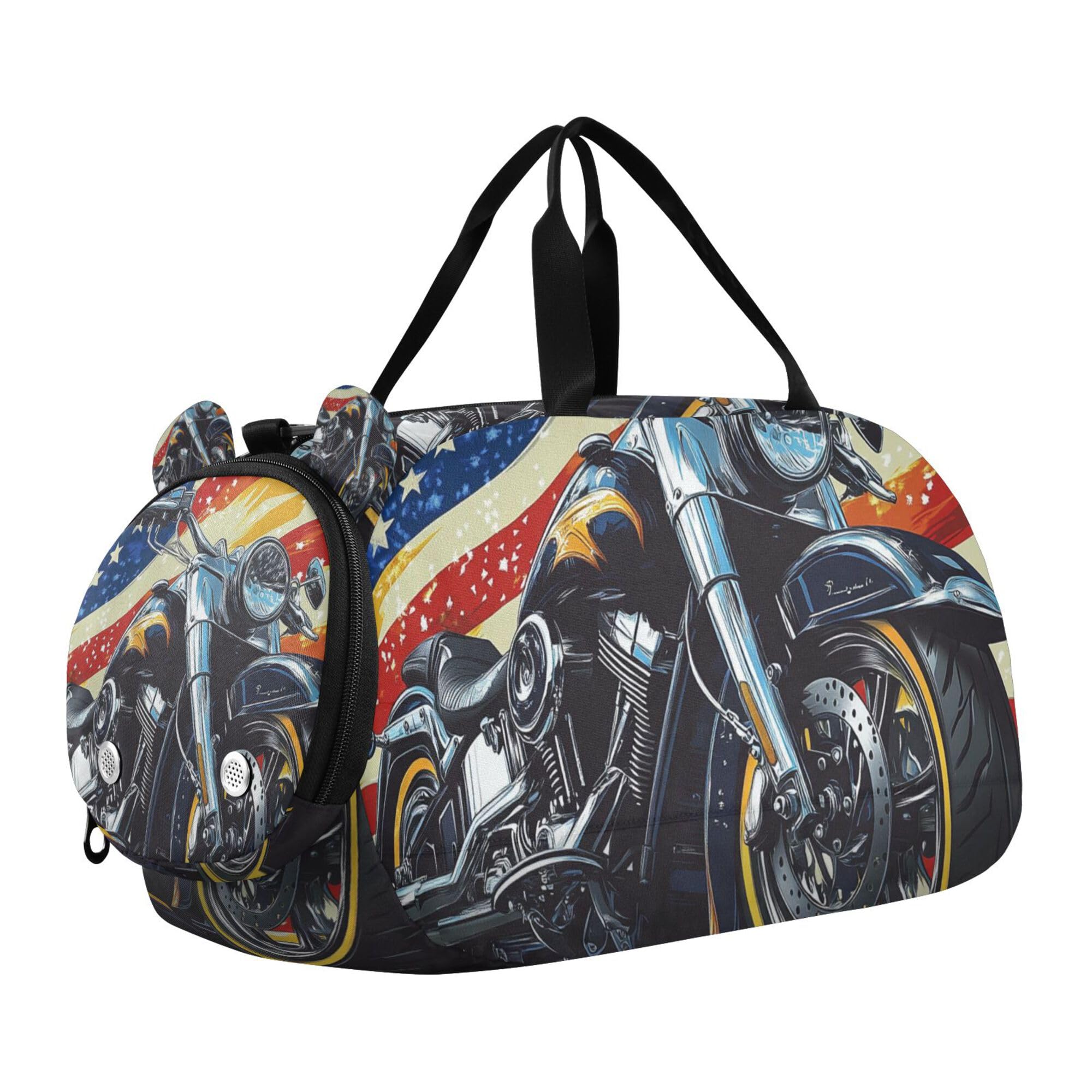 Glaphy Motocycle with American Flag Retro Duffle Bag for Toddler Boys Girls, Gym Sports Bag with Shoe Compartments, Kids Travel Overnight Weekender Shoulder Bag