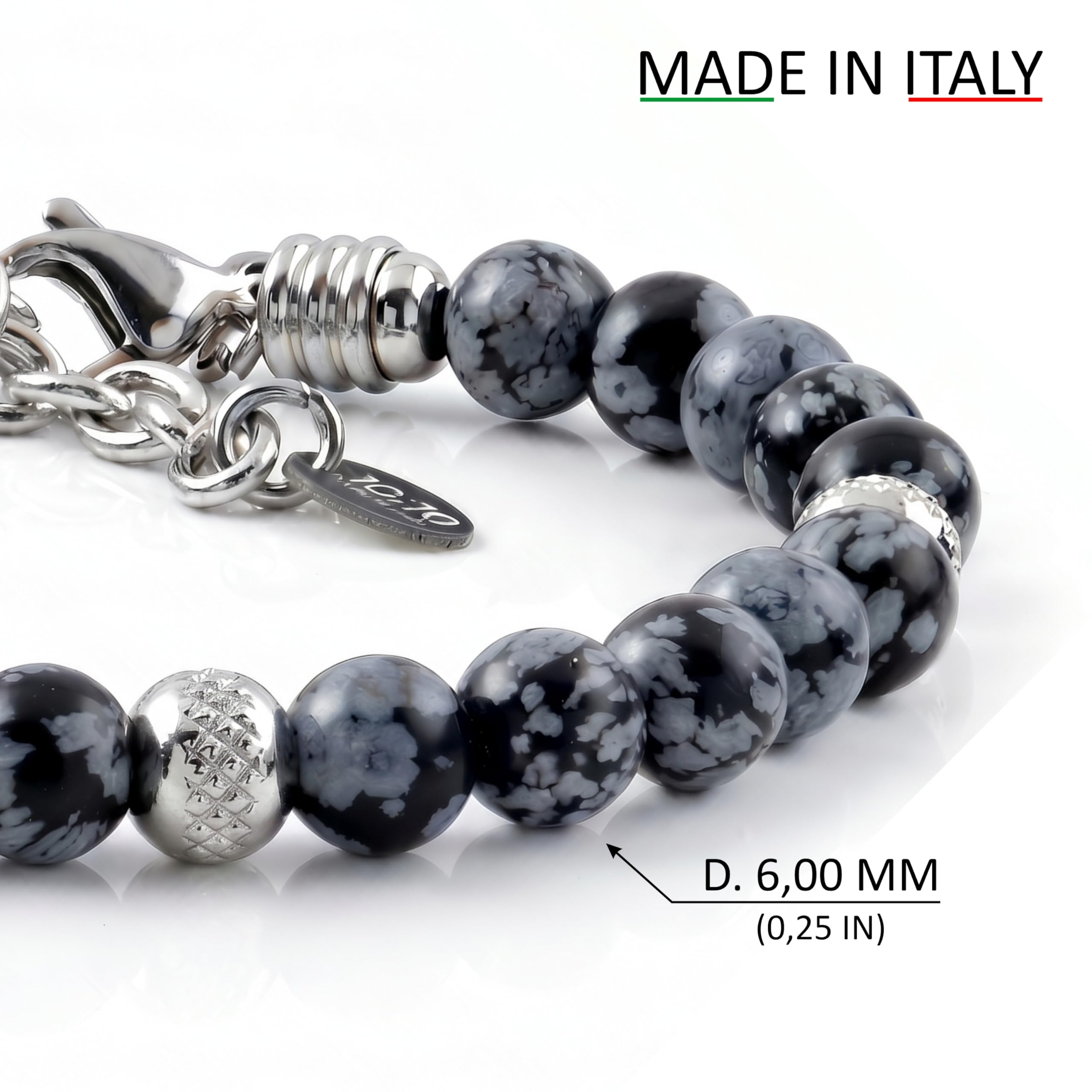 10:10 Bracciale con pietre naturali ossidiana da 6 mm, beads in acciaio inox, bracciale molto resistente prodotto in Italia