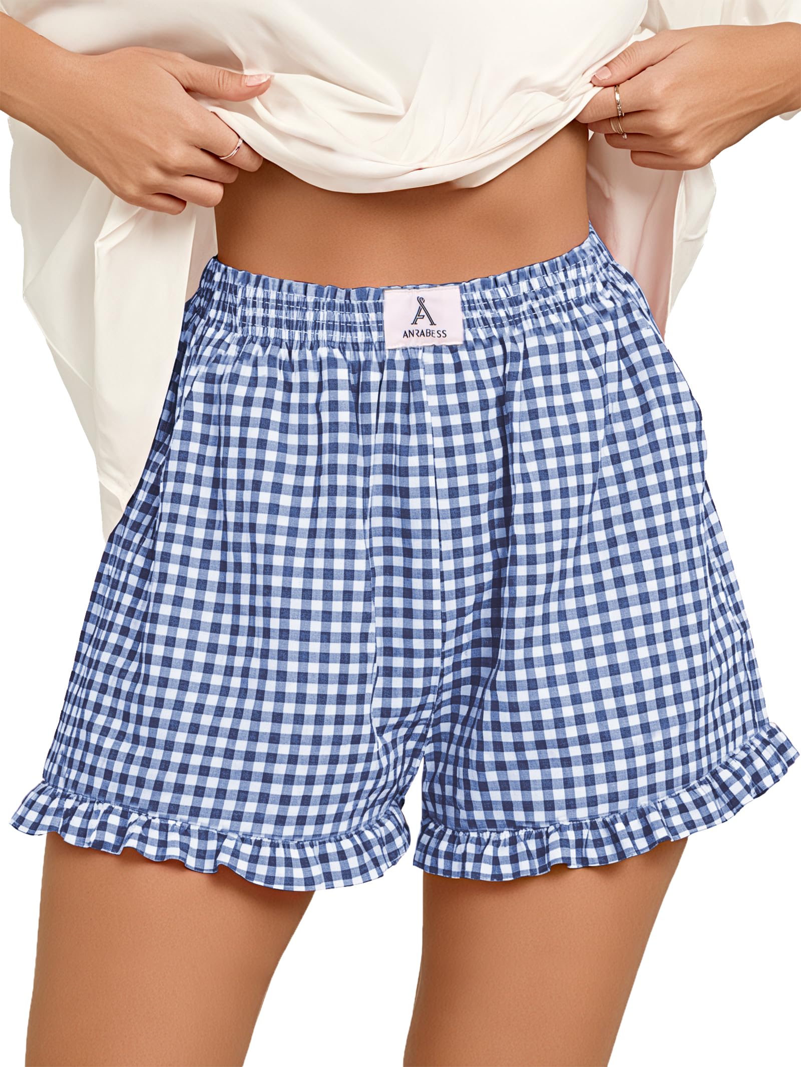 Boxer Shorts for Women,Gingham Plaid Elastic Waist Ruffle,Perfect for Lounge,Pajama&Sleep,Cute Casual Summer Bottoms-image-34