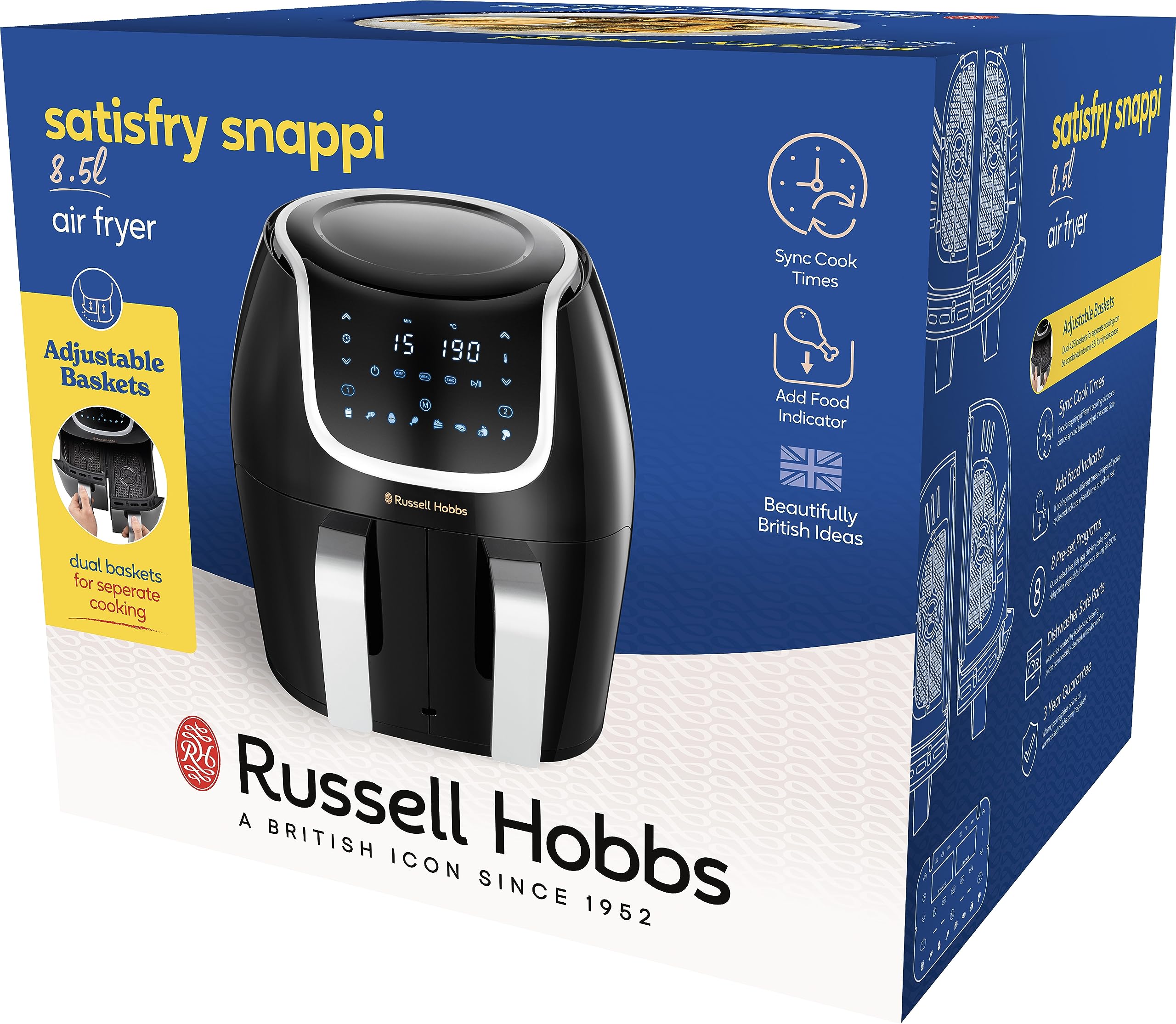 Russell Hobbs Freidora de Aire 8,5 l Doble, Freidora sin Aceite, Dos Cestillos Regulables por Separado, Dietética, Cocción Sincronizable, 8 Programas, Táctil, Digital, hasta 200º C, 27290-56