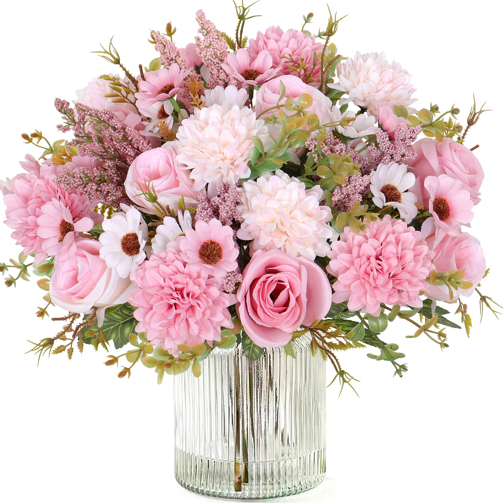 Dremisland Artificial Flowers Like Real Artificial Bouquet 4 Packs Silk Artificial Roses Bouquet with Daisy Chrysanthemum Pink Flowers for Centerpiece Table Valentines Day Wedding  image 4