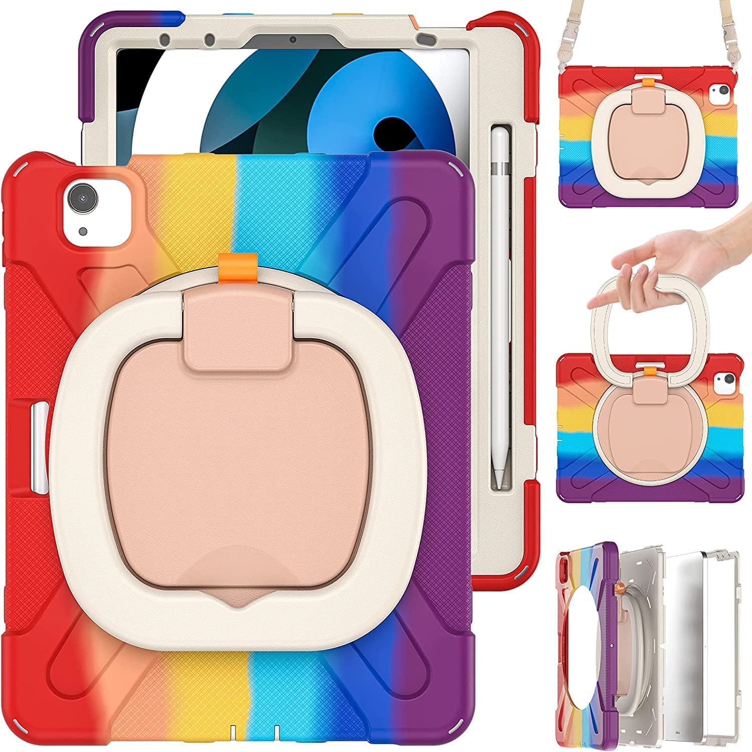 PboyiqiS for iPad Air 11 2025/2024 Case, Heavy Sturdy Shockproof Kids Case,Rotating Stand/Pencil Holder/Carrying Strap,Aslo for iPad Air 5/4/Pro 11 (