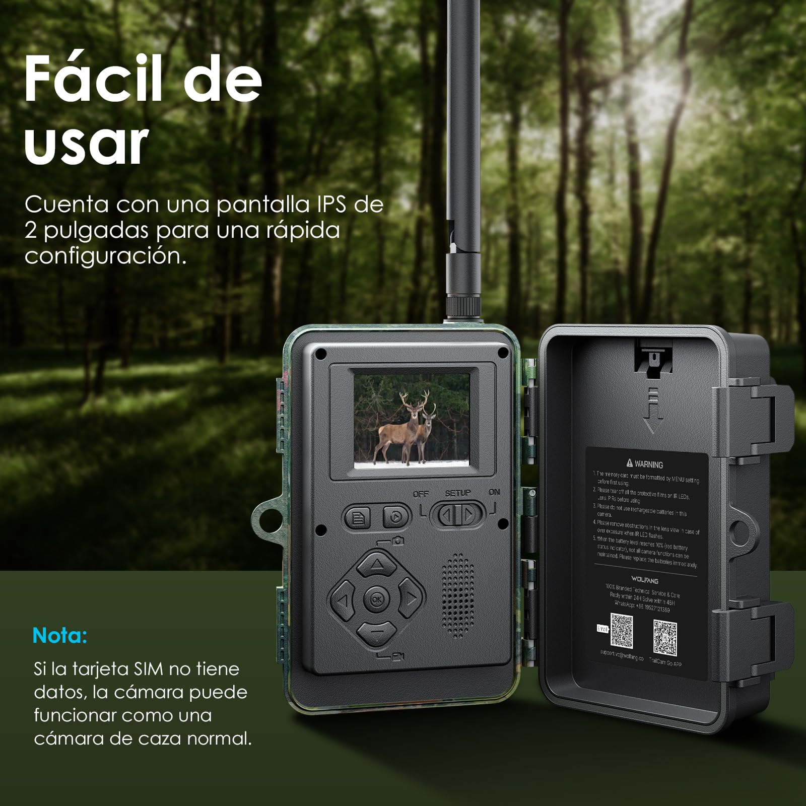 WOLFANG Cámara de Caza 4G, Cámara Fototrampeo 48MP 2K HD, Nocturna 850 NM LED IR con 0,2 s Activación, Cámara Caza Impermeable IP66 para Vida Silvestre y Monitoreo de Seguridad WT07