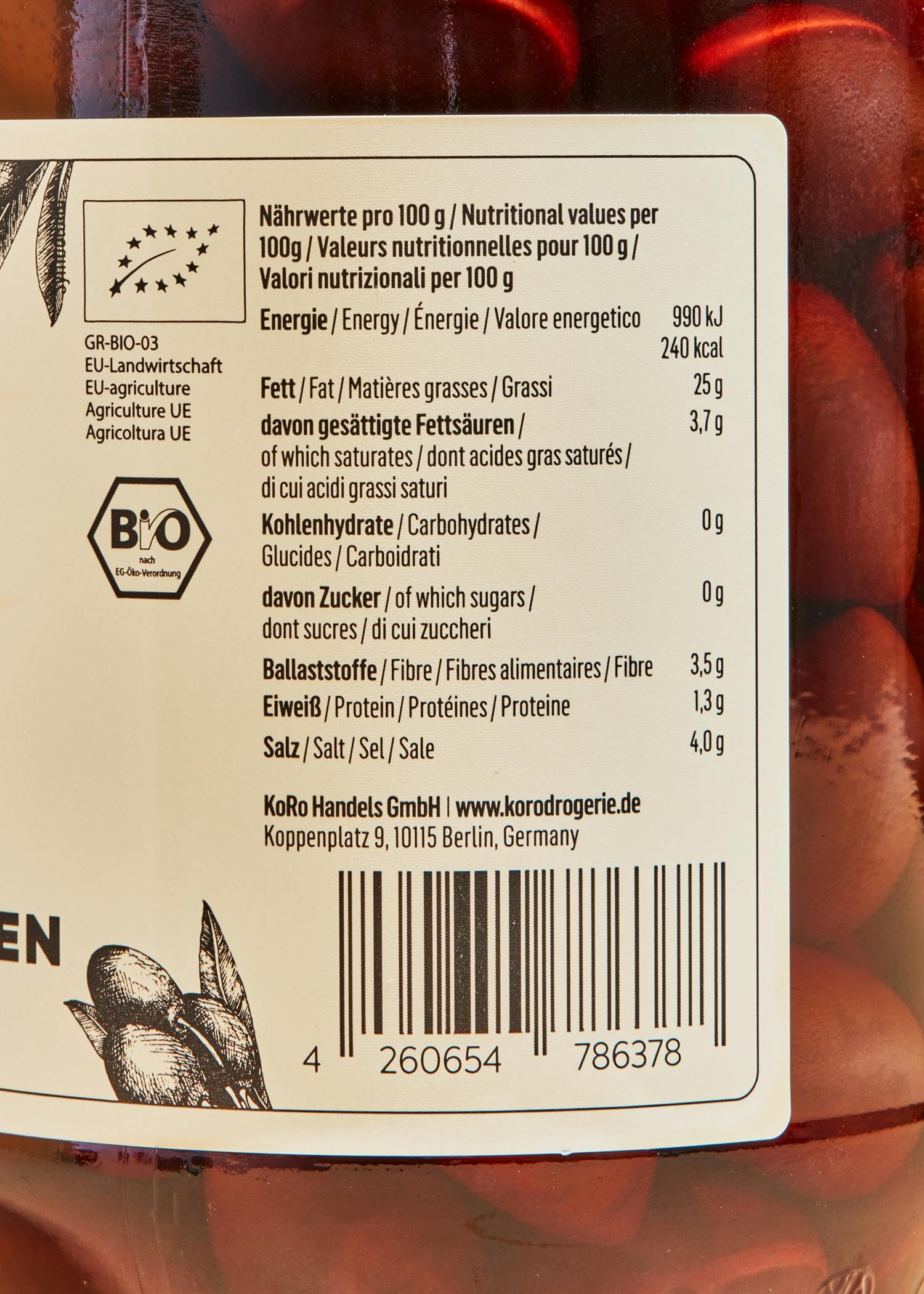 KoRo - Olives Kalamata Bio avec noyau 6 x 400 g - aromatique unique - olives naturelles en saumure - provenance Grèce