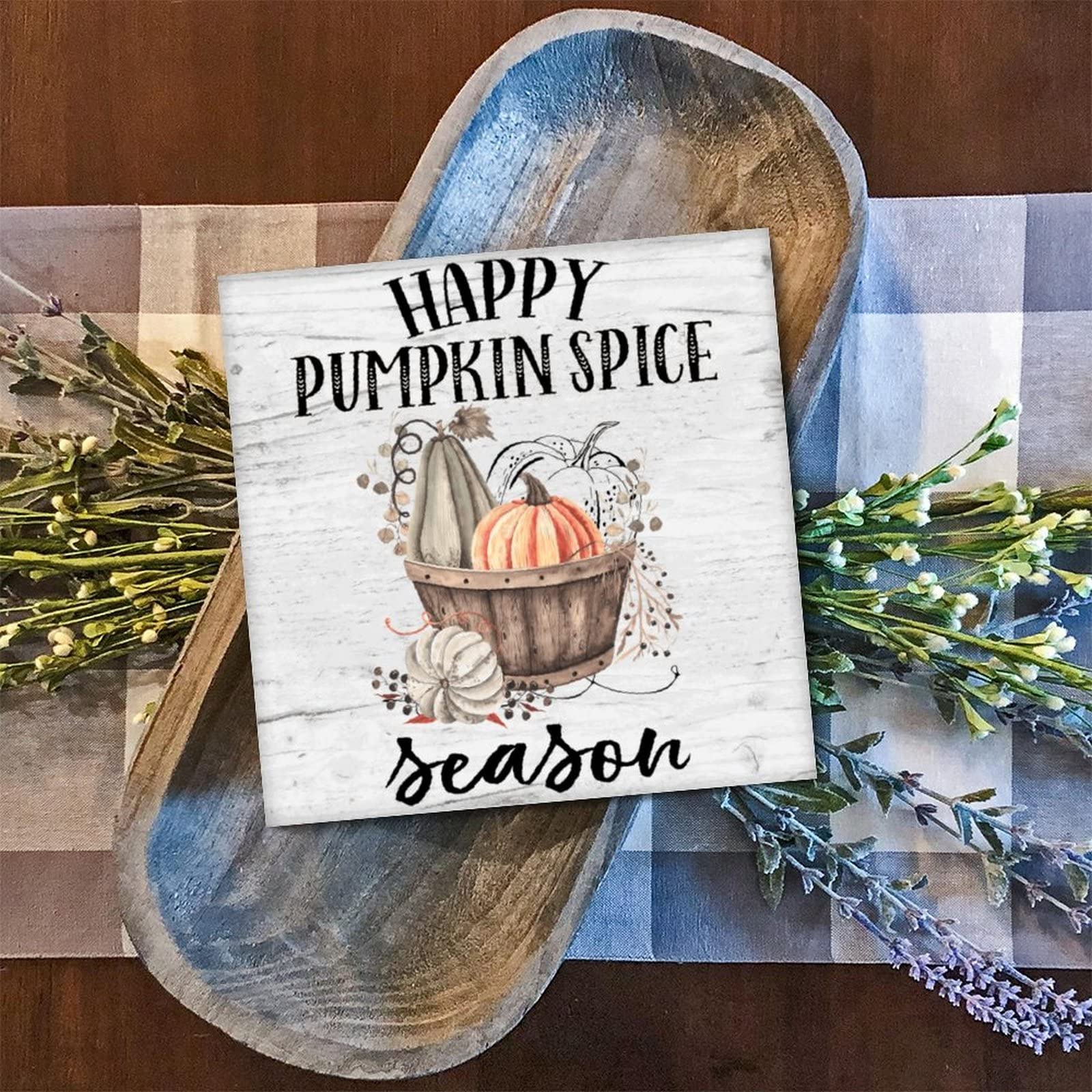 Plaque en bois Happy Pumpkin Spice décoration murale maison et cuisine 30cm