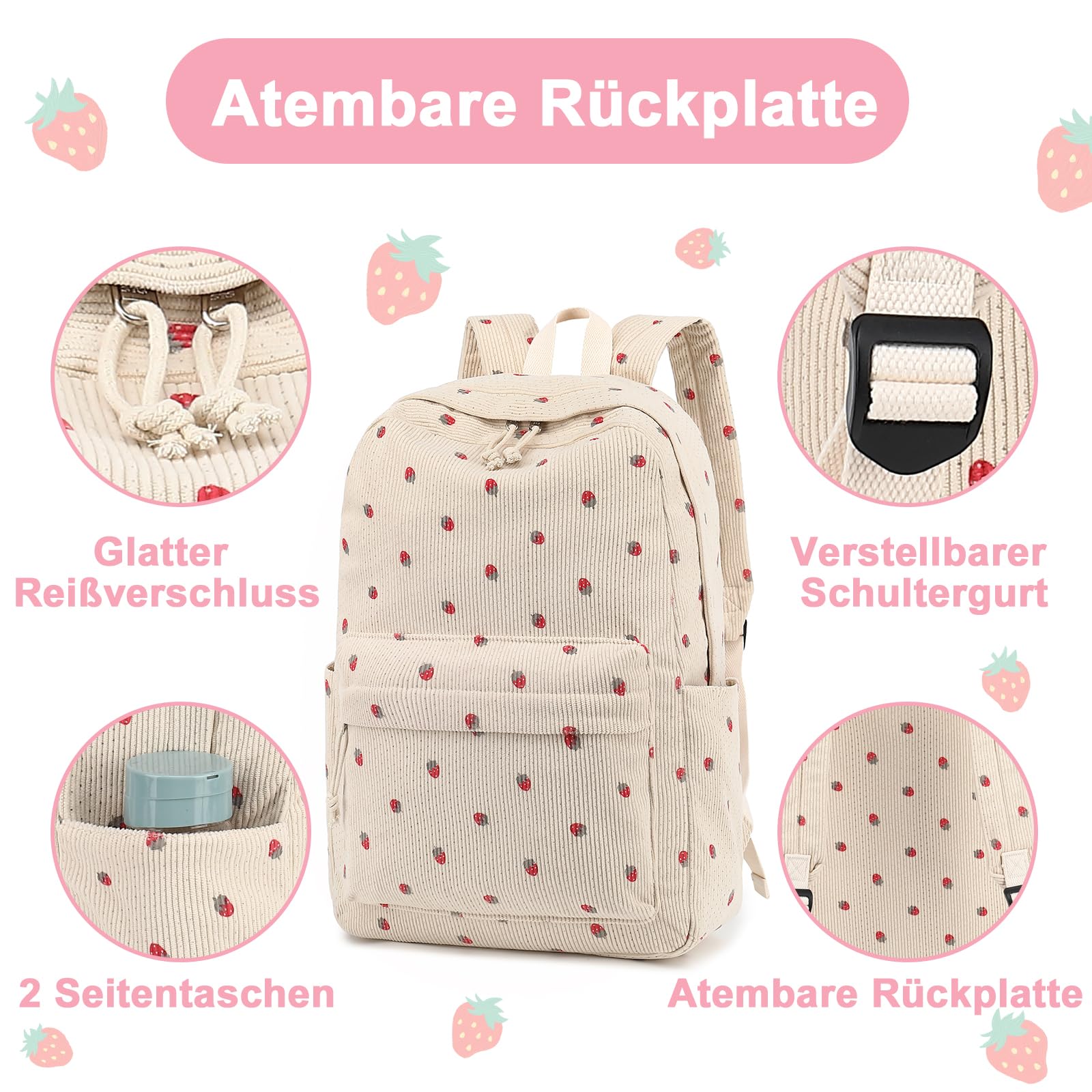 LEDAOU Rucksack für Teenager Mädchen Schulrucksack große Büchertaschen Grundschule High School Cord leichte Laptop-Taschen für Mädchen Frauen Casual Travel Daypacks (Cord Erdbeerbein)