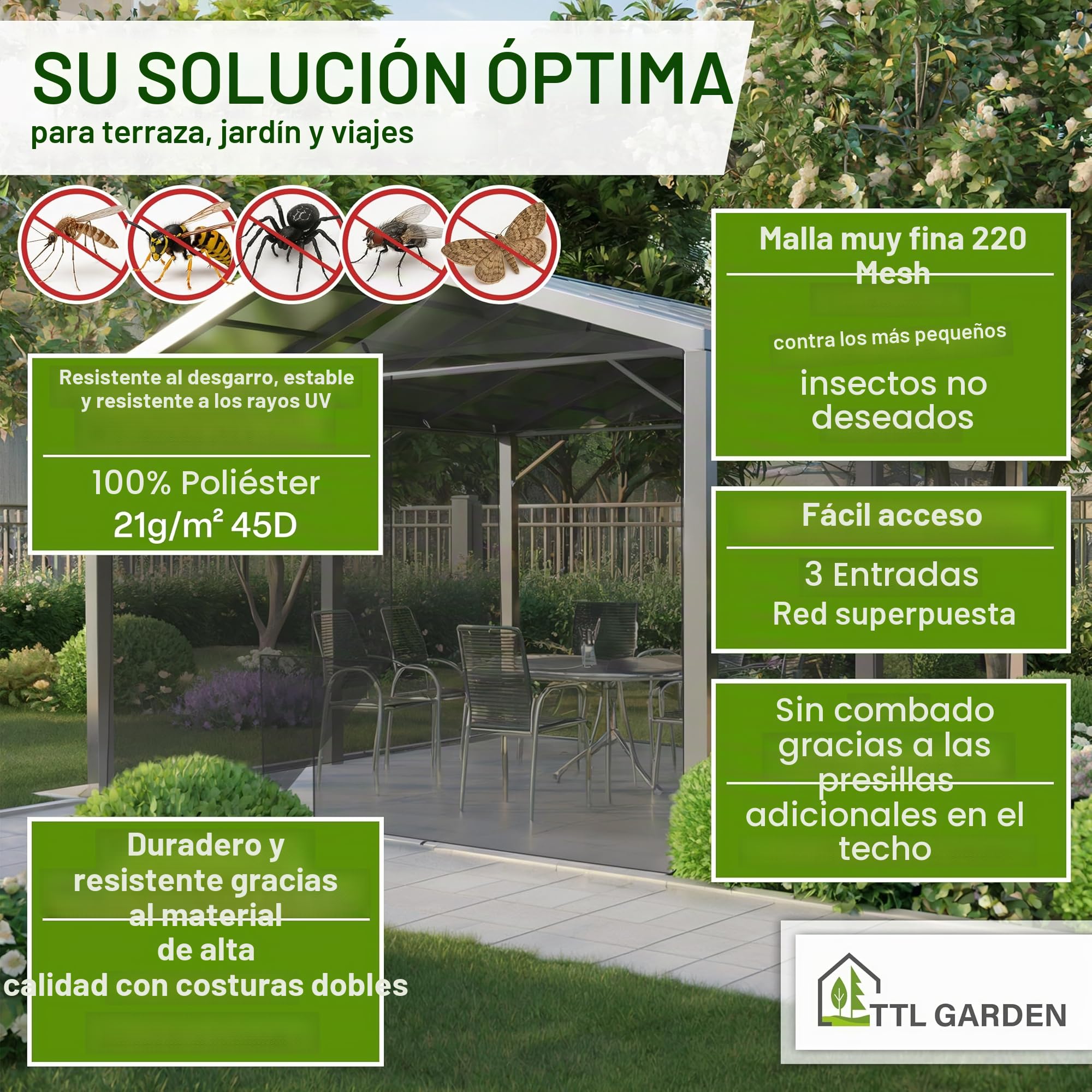 TTL GARDEN Mosquitera Deluxe XXL, 500 x 300 x 250 cm, color negro, malla fina de 0,07 mm, 3 entradas, resistente a los rayos UV y transpirable, protección contra insectos