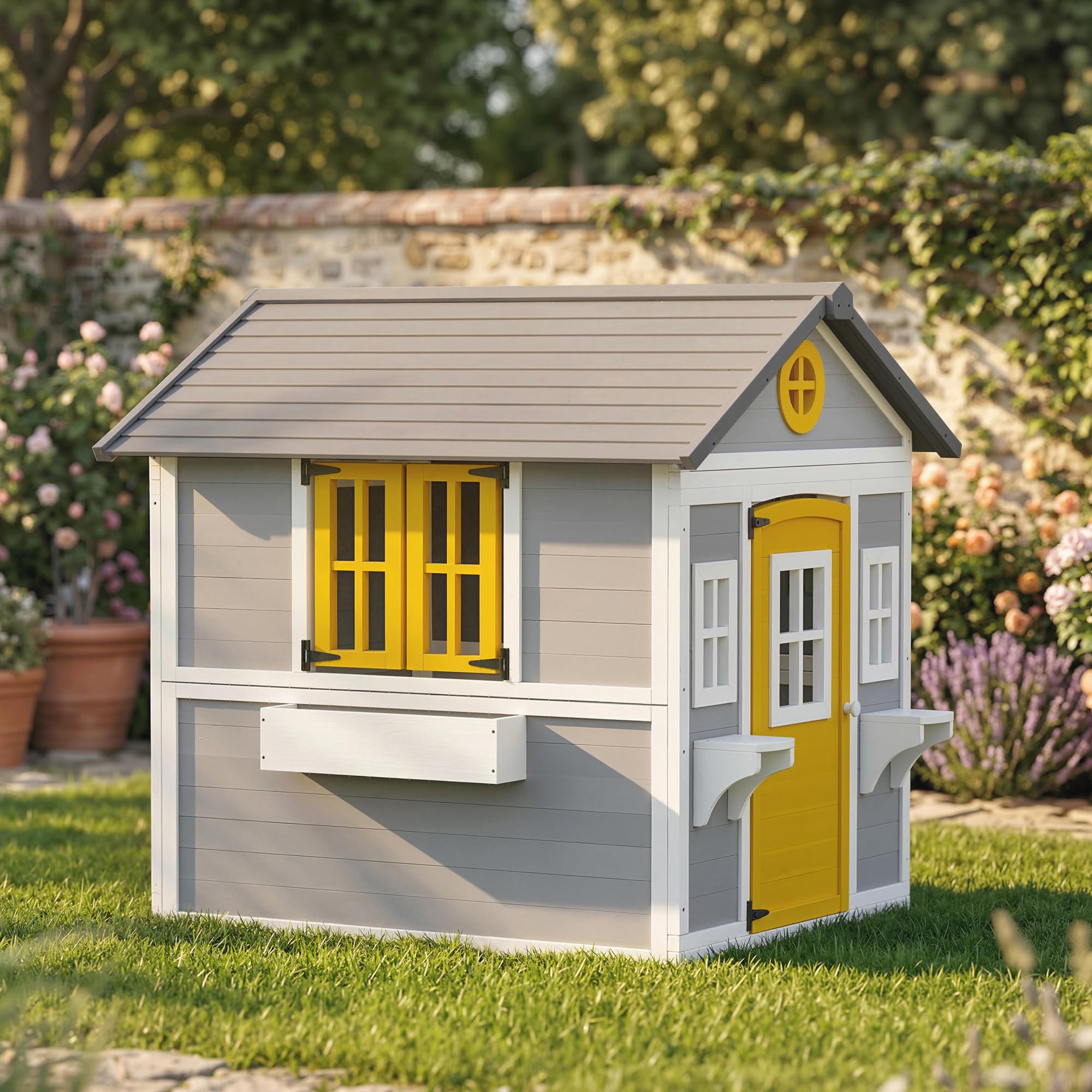 Outsunny Casetta in Legno per Bambini 3-8 Anni, Casetta da Giardino per Bambini con Finestre, Tetto Inclinato, Vasi e Fioriere, Grigio, Giallo, Bianco