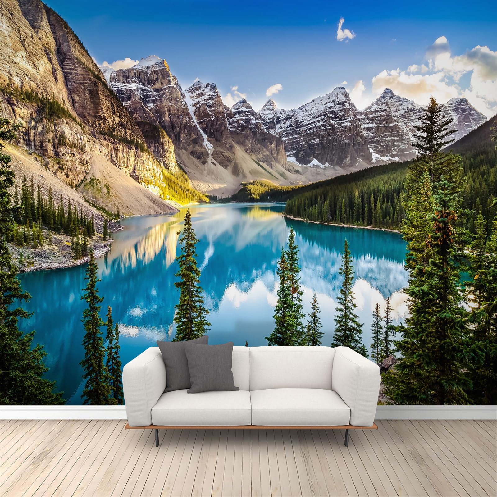 Papier peint paysage moderne lac de montagne effet 3D pour grand mur