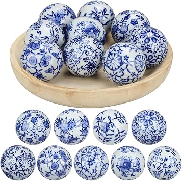 Vesici 9 Pcs Blue and White Porcelain Balls Decorative Chinoiserie Orbs for Centerpiece Bowls China Ceramic Balls Farmhouse Basket Tray Vases Decoration Gifts for Dining Table HolidayLeaf Style