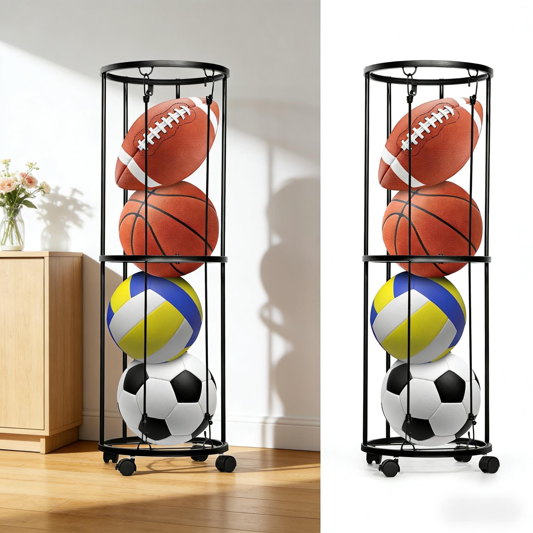Ballständer mit Rollen, 120 cm Ball Aufbewahrung, Sparende Abnehmbare Stehend Ballhalter für Basketball, Fußball, Volleyball, Ball Aufbewahrung Sports für Sportbälle(Schwarz)