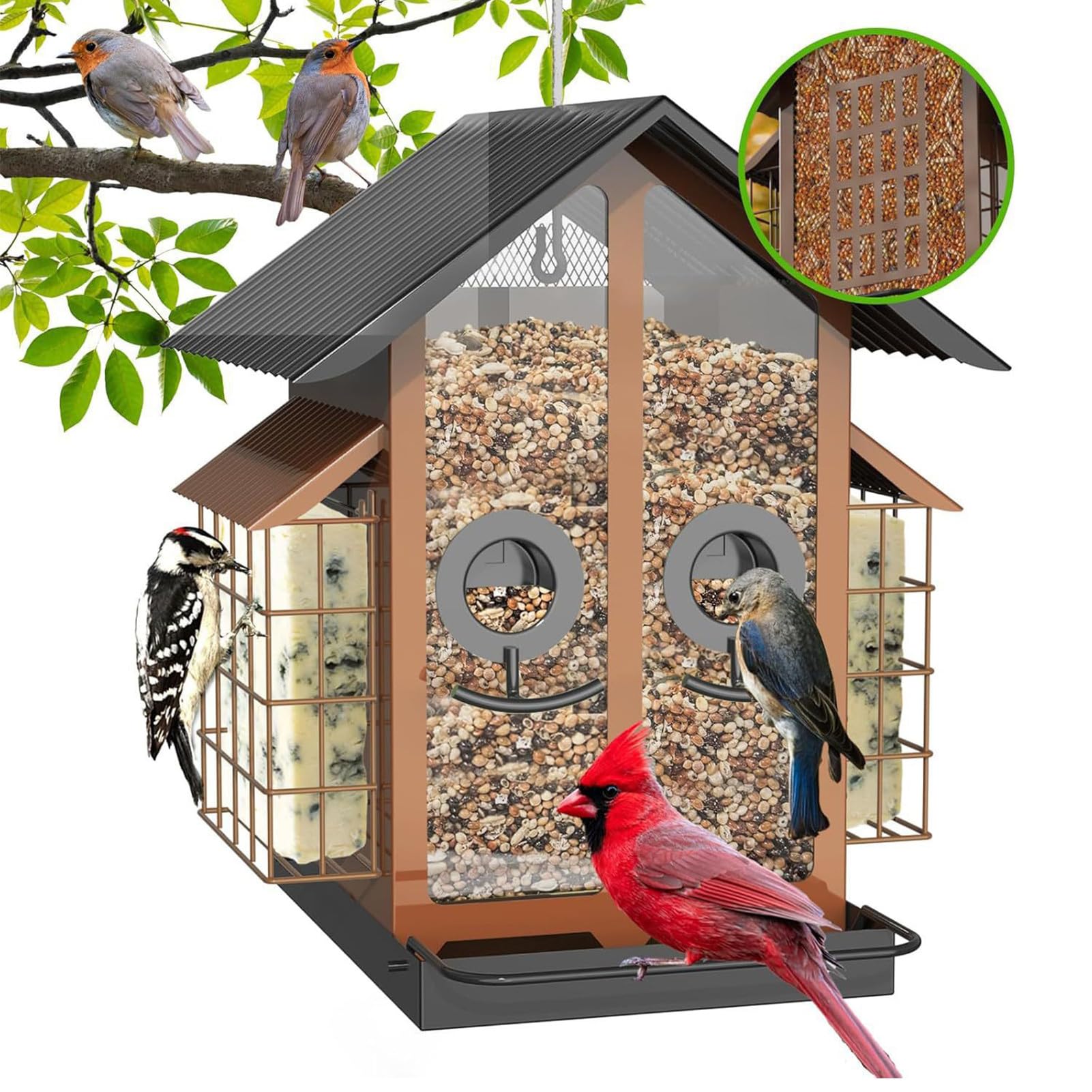Mangiatoia per uccelli per esterni, Finch – Feeder per esterni | grande capacità, trasparente, grande casetta per uccelli con doppio tetto, resistente alle intemperie, per giardino e terrazz