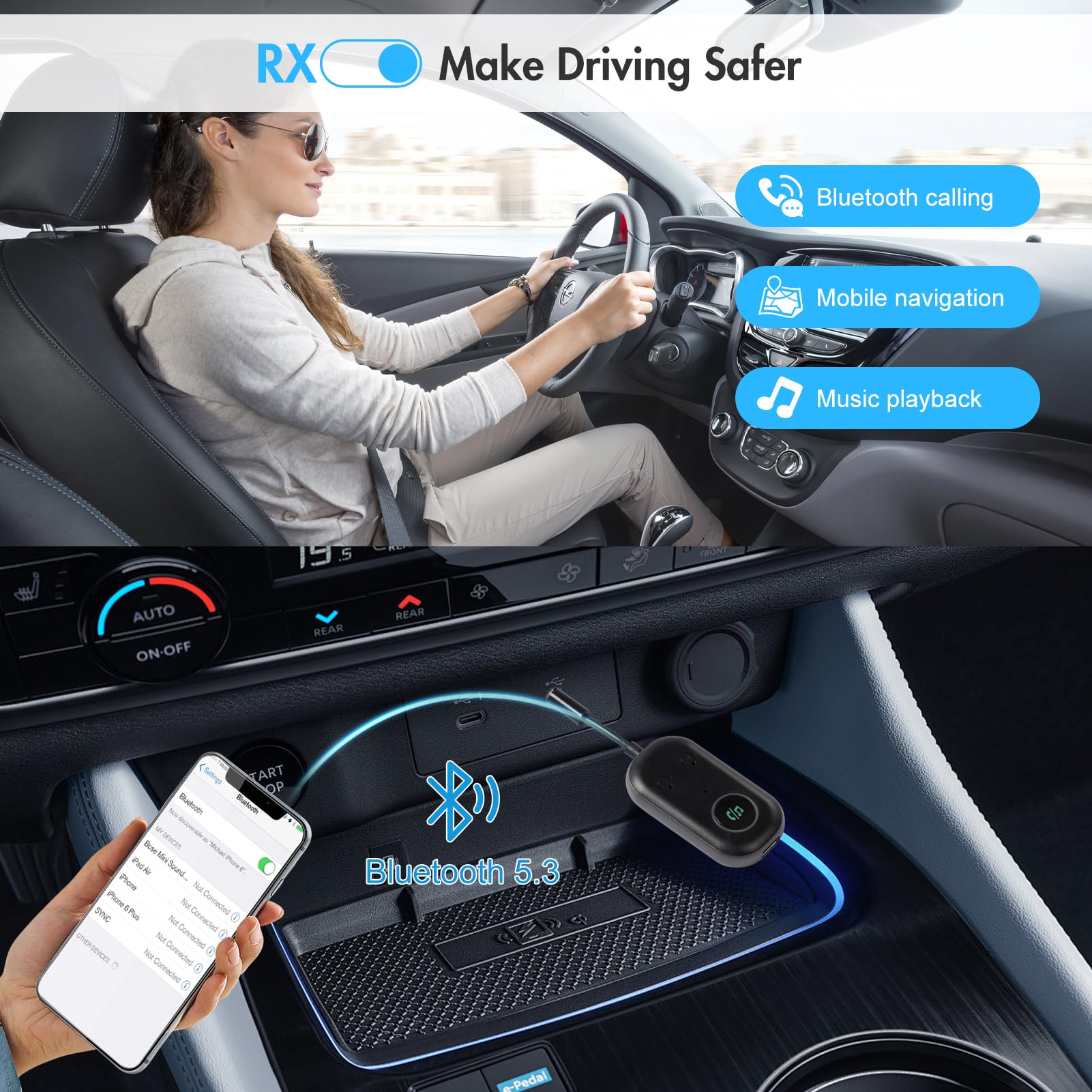 Bluetooth 5.3 Adattatore Trasmettitore, 2-in-1 Ricevitore Trasmettitore Bluetooth, 3.5mm AUX Jack Trasmettitore per Tv,Aereo,Laptop,Auto,AirPods,Telefono Mobile,Car Audio Systems,Tablet