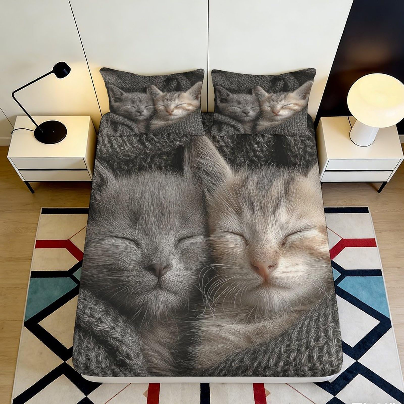 3D Printed Sleeping Cat Fitted Sheet Microfiber Soft Breathable Kitten Pair Mattress Cover for Bedroom Dorm Decor 90x200x25cm